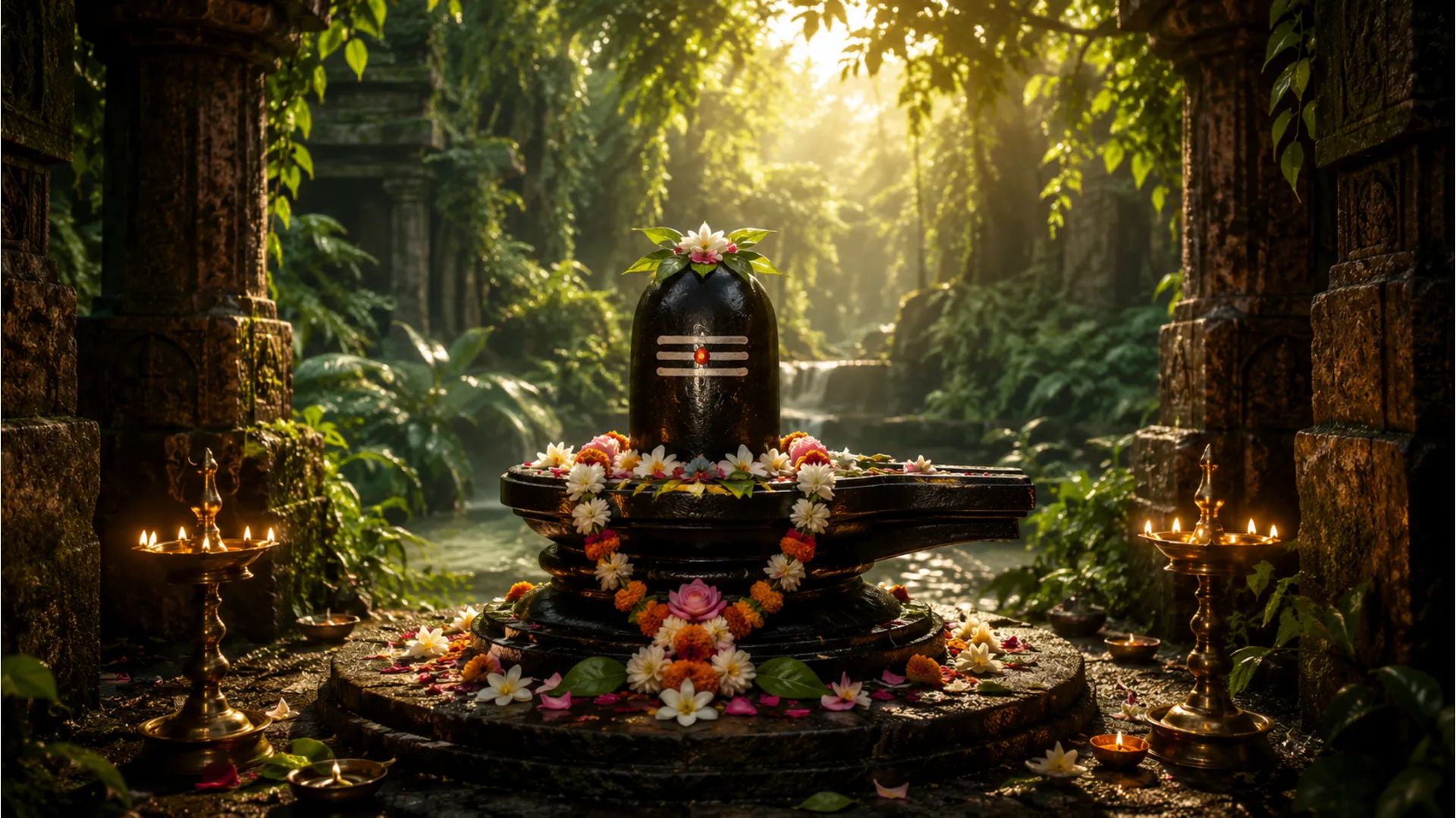 Shiva lingam in an ancient forest temple surrounded by flowers, oil lamps, vines, stone pillars, and soft sunlight.