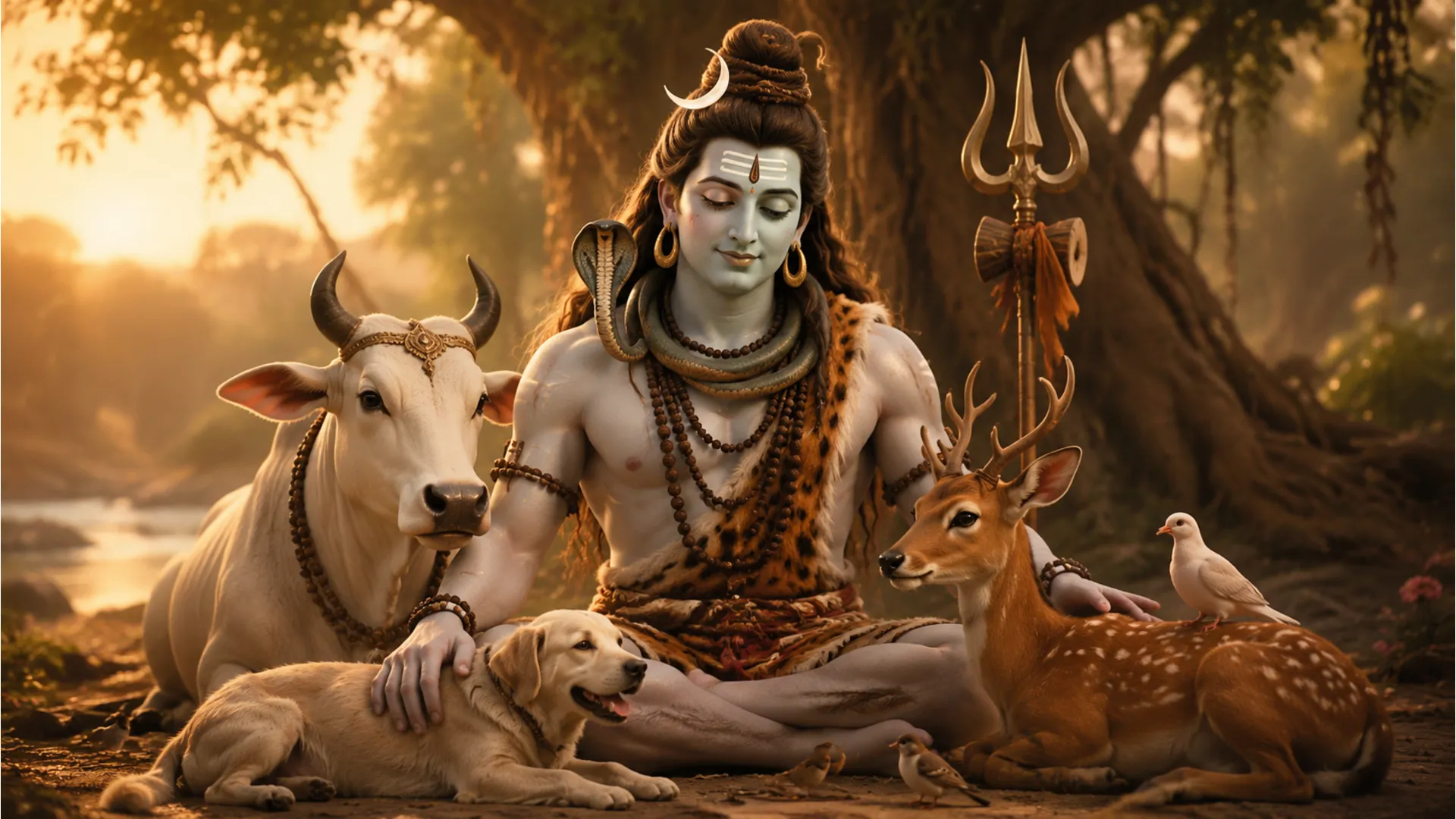 Lord Shiva sits peacefully with a cow, deer, dog, birds, and a glowing orb in a soft devotional portrait.
