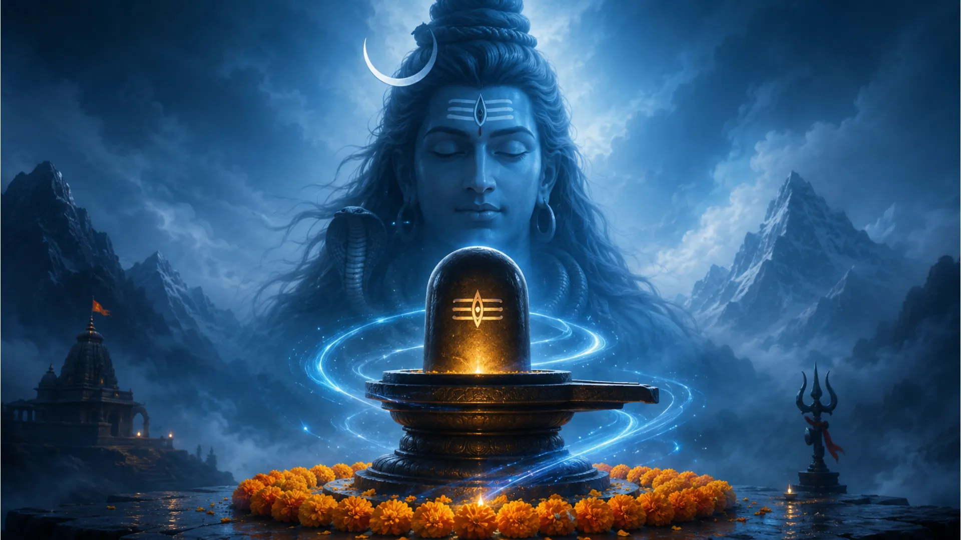 A glowing Shiva lingam surrounded by flowers, with a calm blue-toned Shiva face appearing softly in the background.
