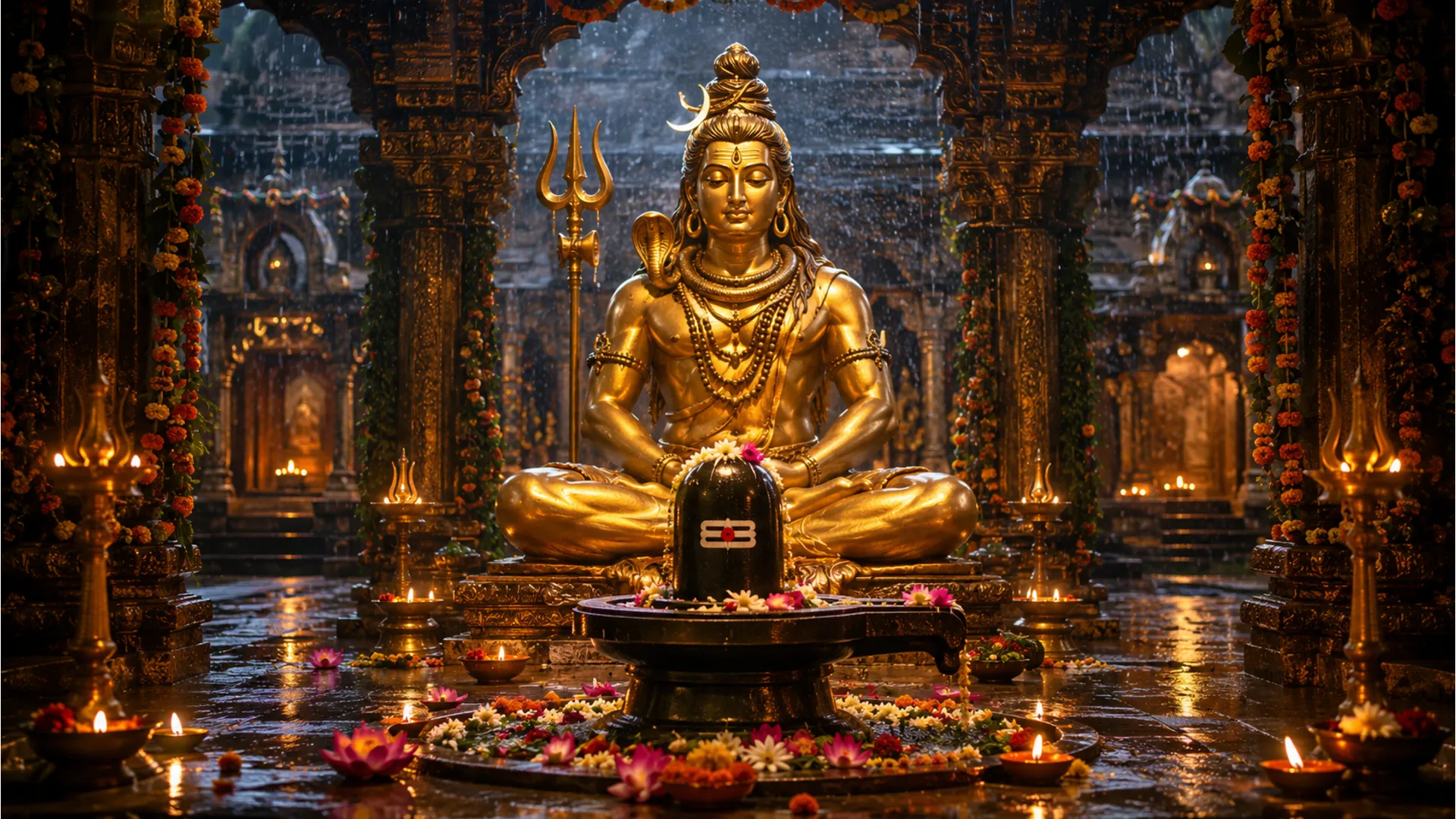Golden statue of Lord Shiva seated in meditation inside a temple with flowers, oil lamps, rain, and a Shivling in front.