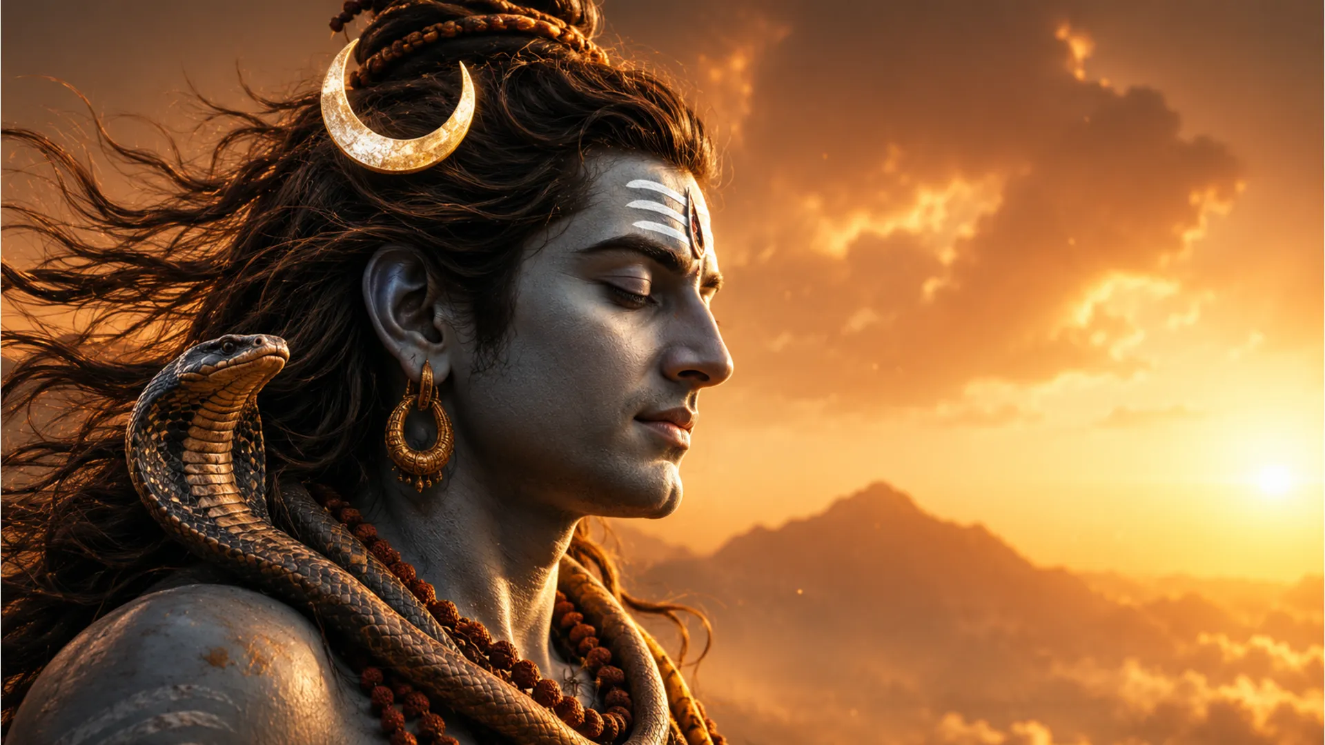 A close-up portrait of Lord Shiva with a crescent moon, cobra, sacred markings, and warm sunset light.
