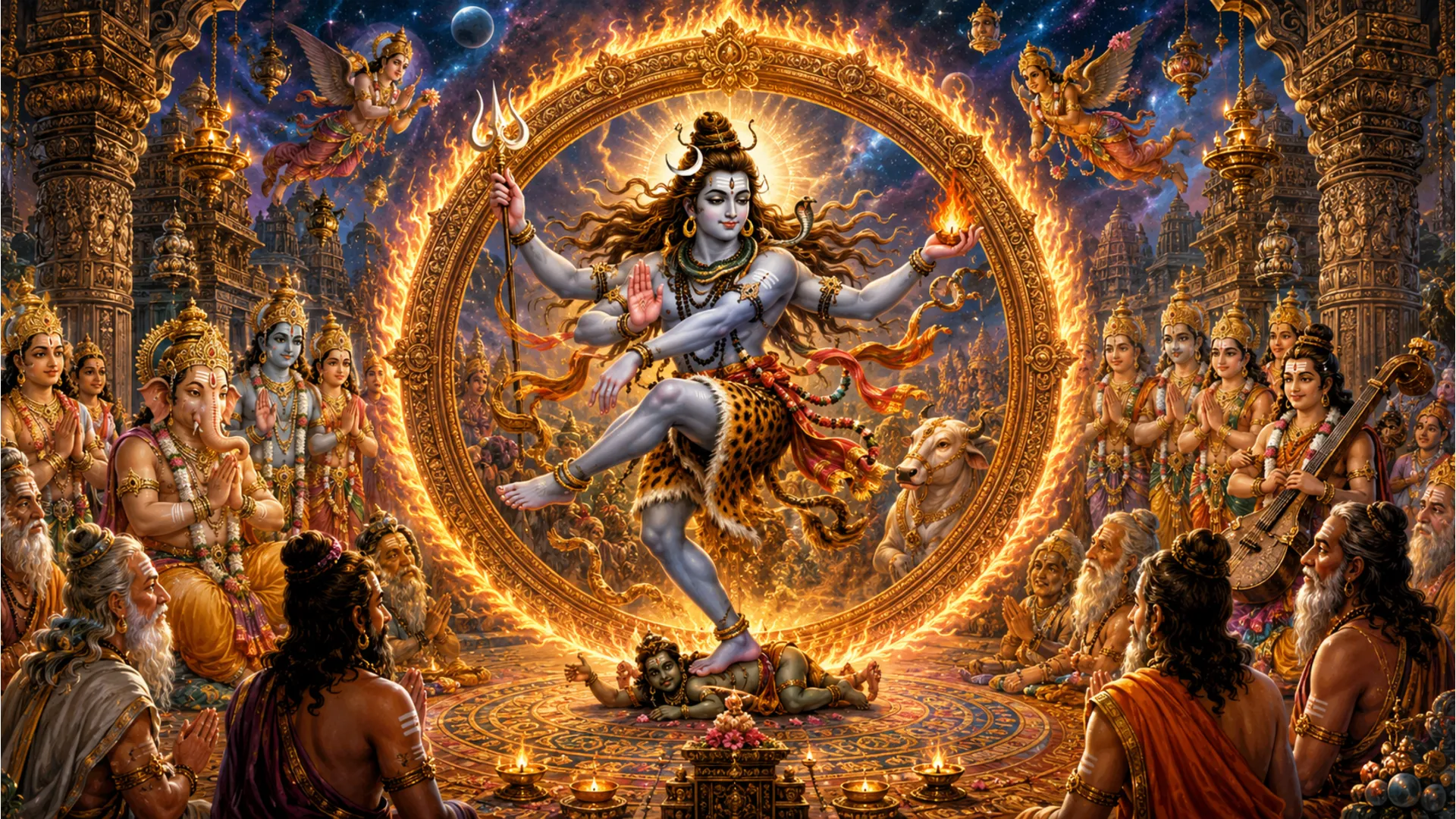 Lord Shiva dancing inside a sacred circle while divine figures watch around him.