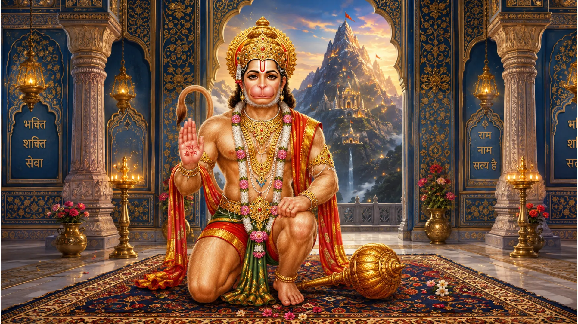 Devotional artwork of Hanuman kneeling with one hand raised inside an ornate blue temple interior.
