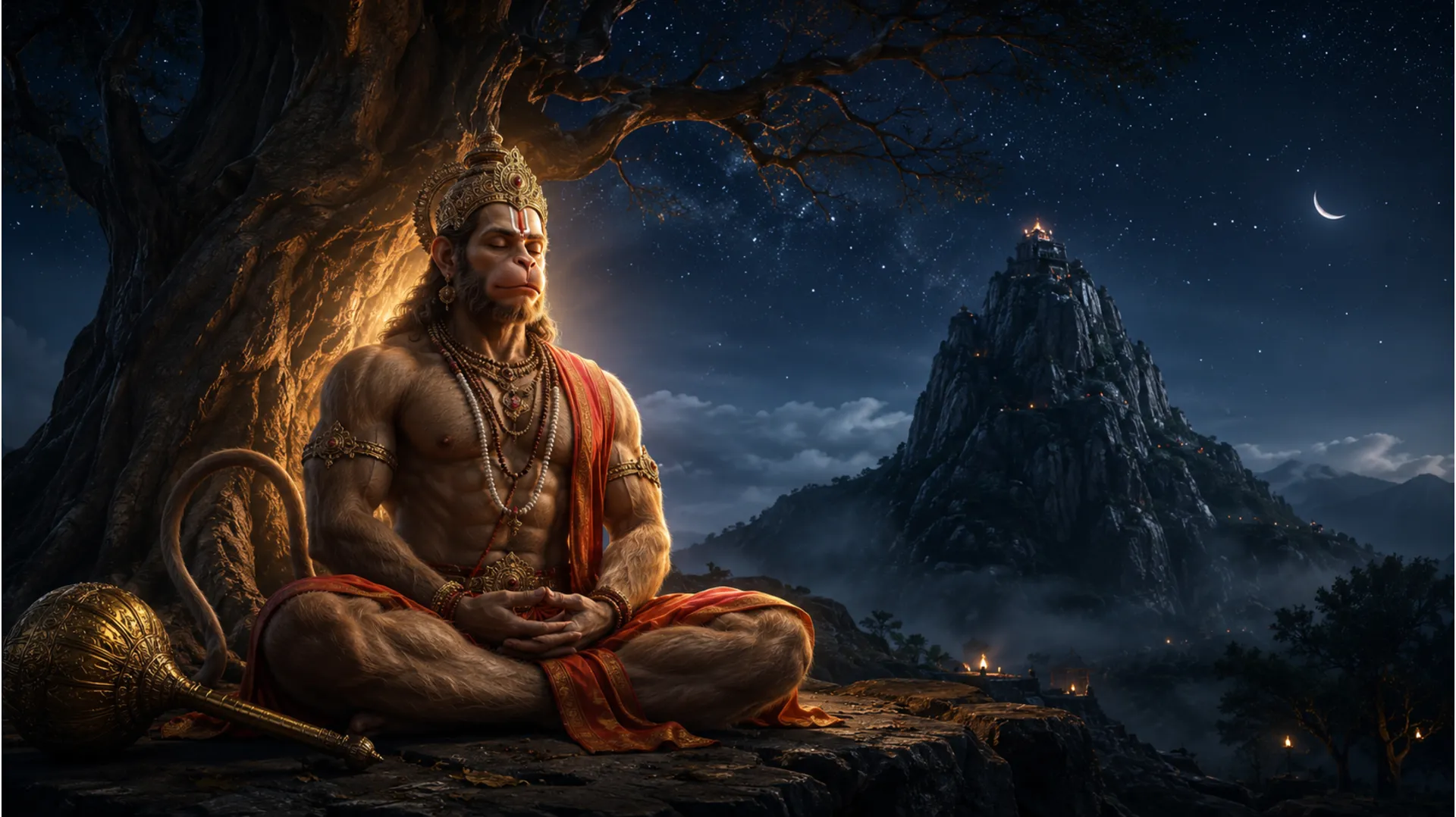 Hanuman-inspired figure meditating under a dark starry sky beside a bare tree.