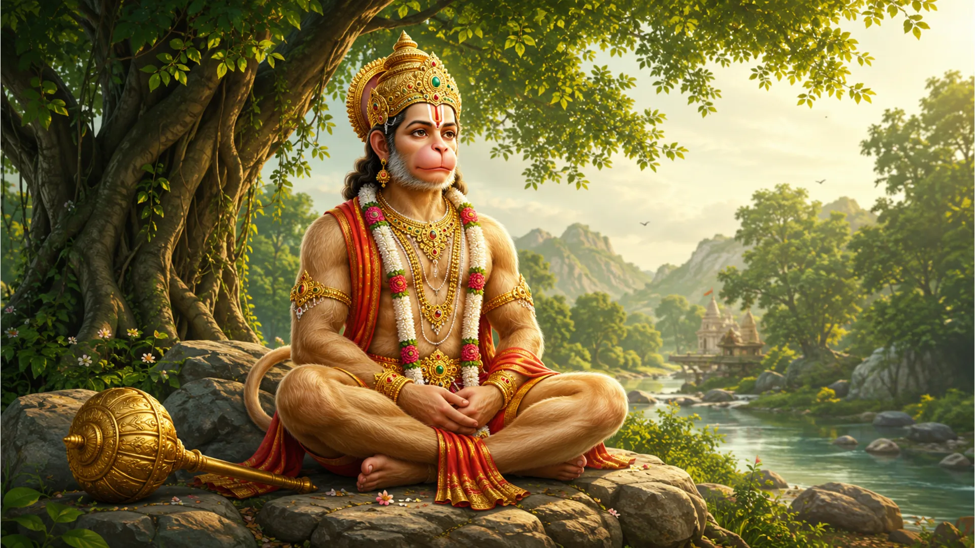 Artistic illustration of Lord Hanuman seated on rocks under green trees with a golden crown, ornaments, and mace nearby.