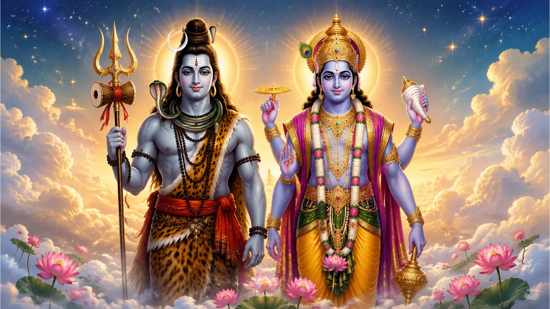 Lord Shiva and Lord Vishnu stand together with folded hands beneath radiant heavenly light and clouds.