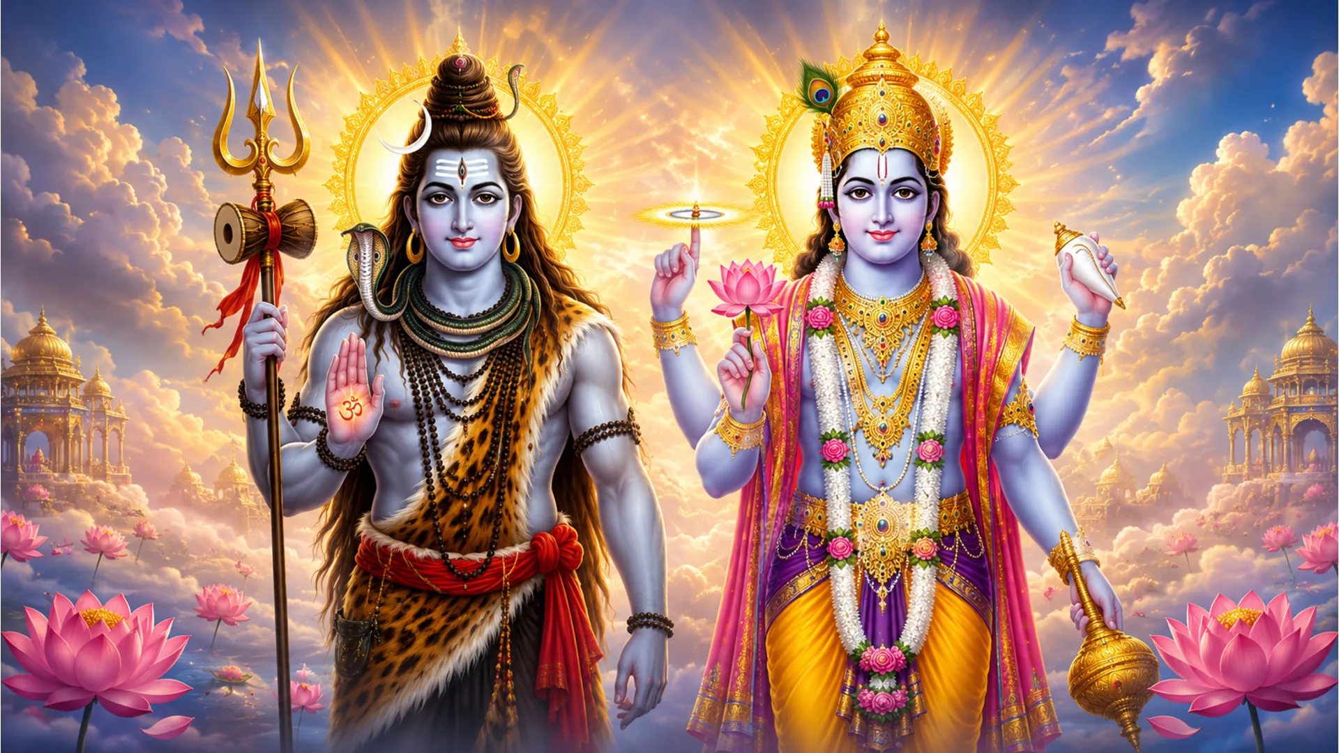 Lord Shiva and Lord Vishnu stand together with folded hands beneath radiant golden light in a heavenly setting.