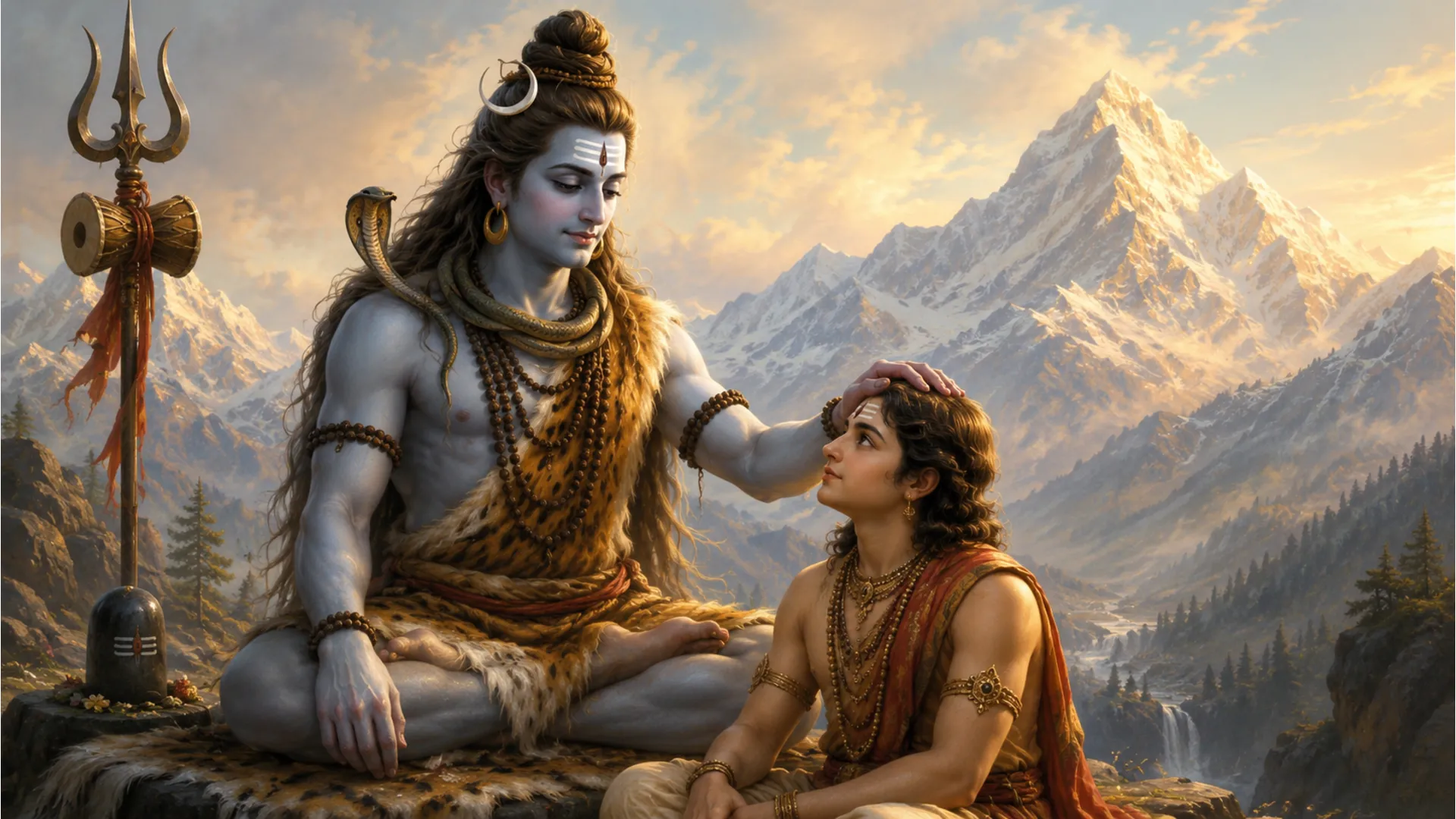 Lord Shiva gently blessing a youthful divine figure in a mountain landscape with soft golden light.