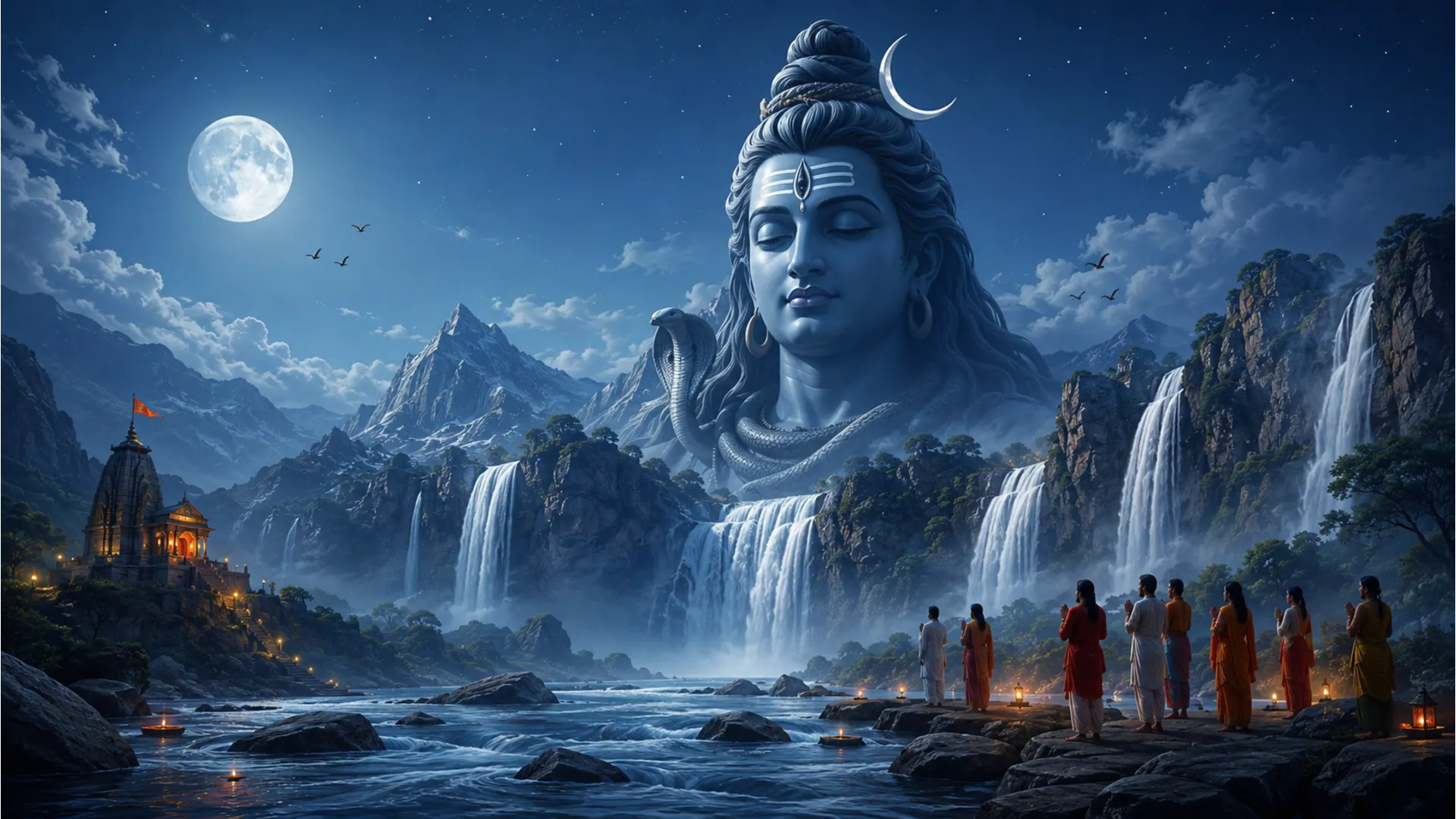 Large peaceful face of Lord Shiva above waterfalls, mountains, birds, and devotees standing near a sacred river at night.
