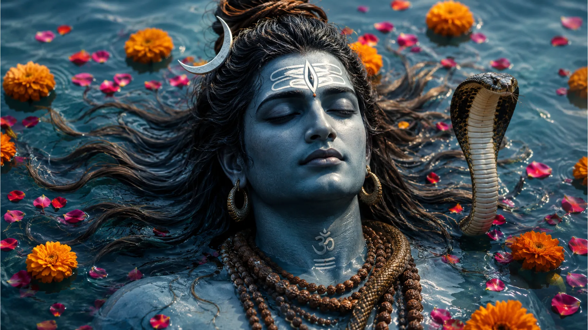 Lord Shiva’s upper body emerging from water, surrounded by floating flowers and a cobra beside him.