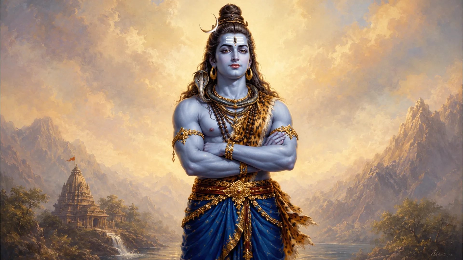 Lord Shiva standing in water while holding a glowing bowl, with mountains and soft blue-pink light behind him.