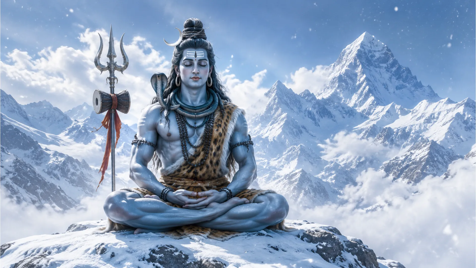A serene depiction of Lord Shiva seated in meditation on a snowy mountain ledge with a tall Himalayan peak rising behind him.