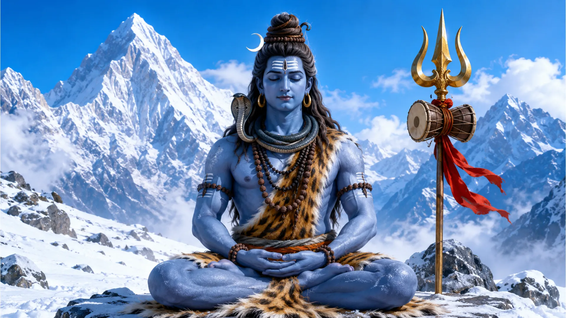 Lord Shiva sitting in meditation before a snowy mountain, with a trident and drum beside him.