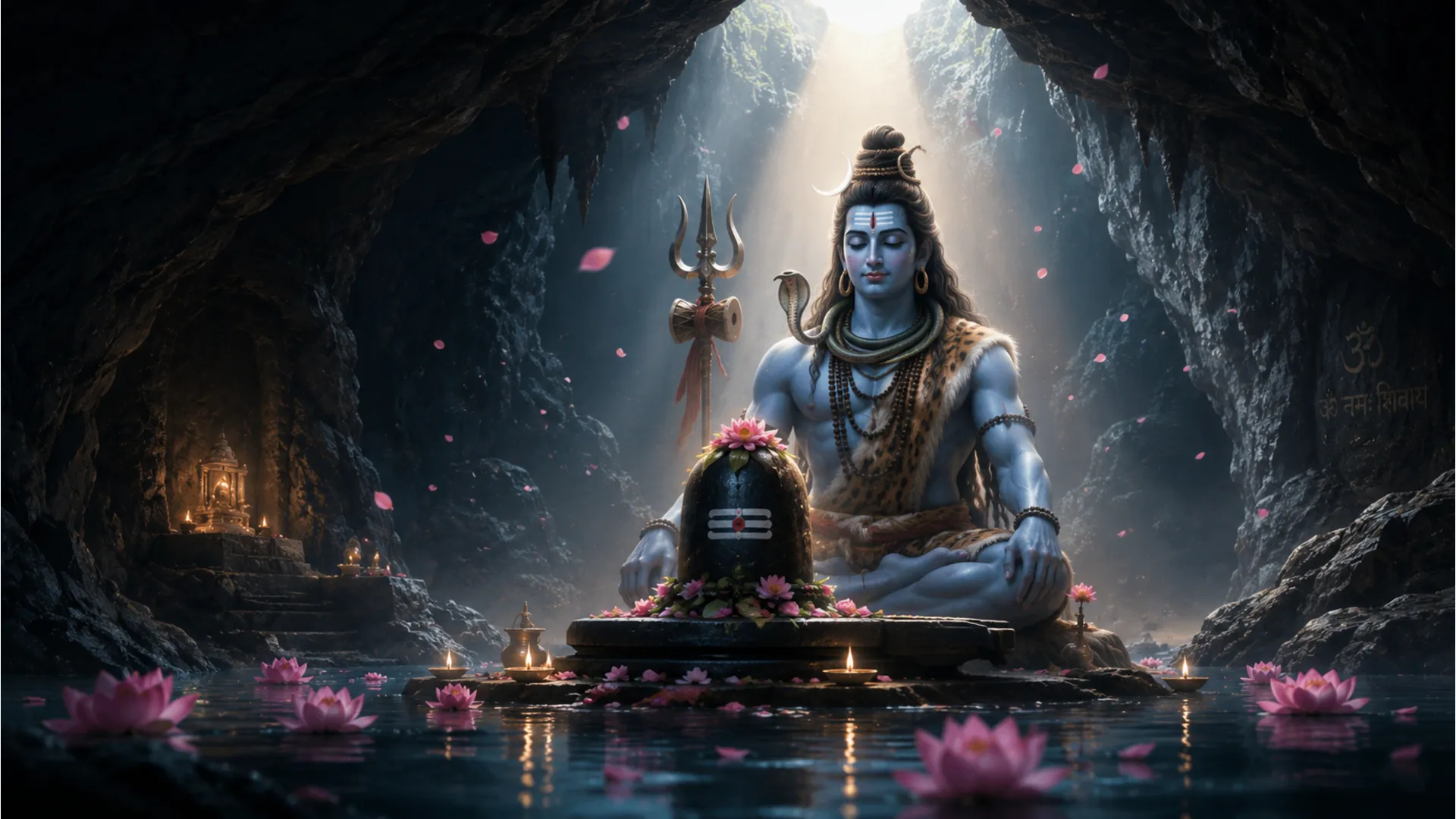Lord Shiva sits in meditation inside a dark cave before a Shiva lingam surrounded by lotus flowers and soft light.