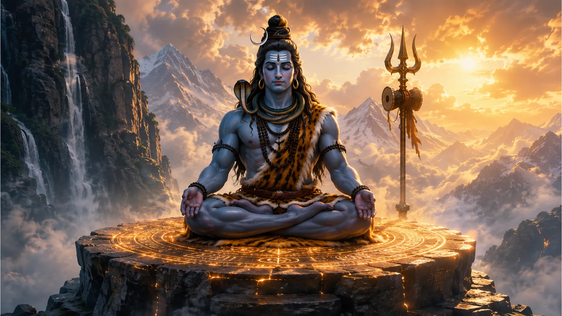 Lord Shiva meditating on a glowing circular stone platform surrounded by rocks, mist, and sunlight.