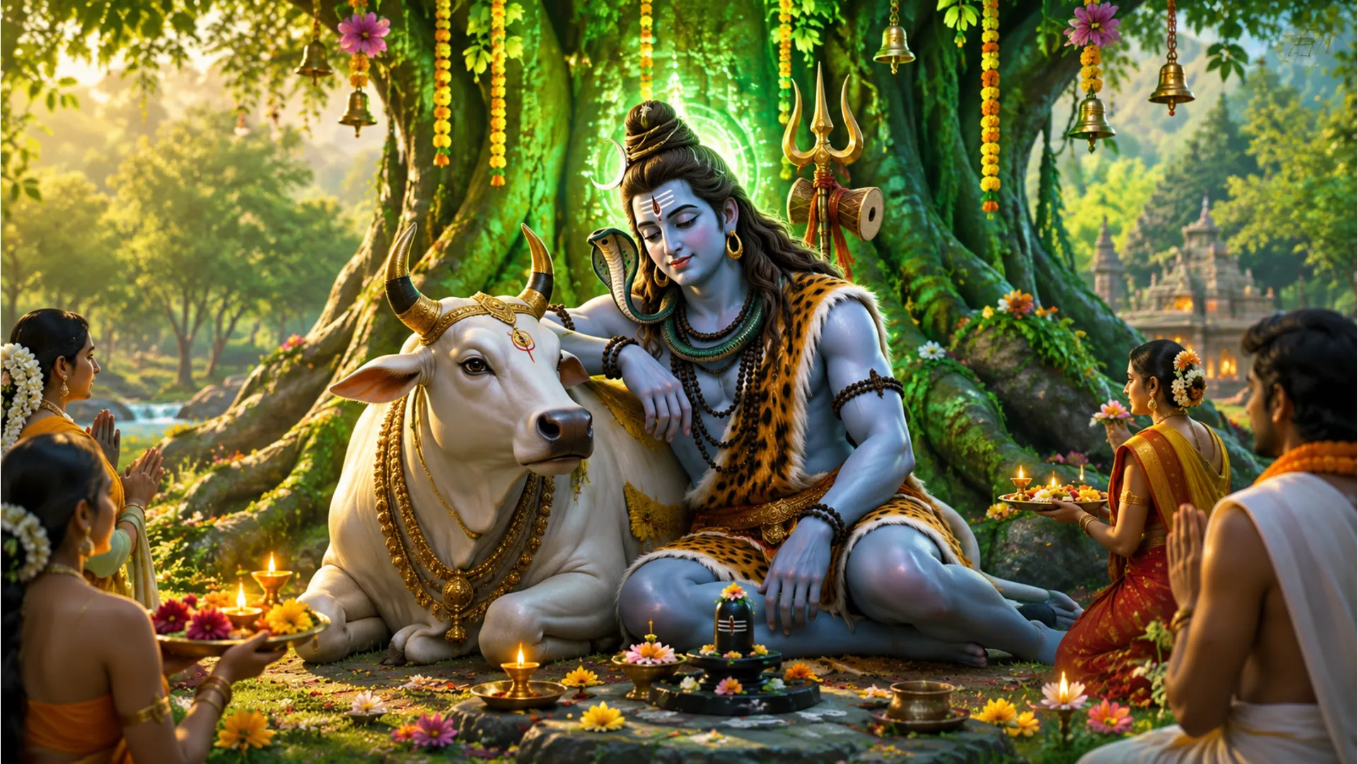 Devotional scene of Lord Shiva resting beside Nandi under a glowing tree decorated with flower garlands and surrounded by devotees.