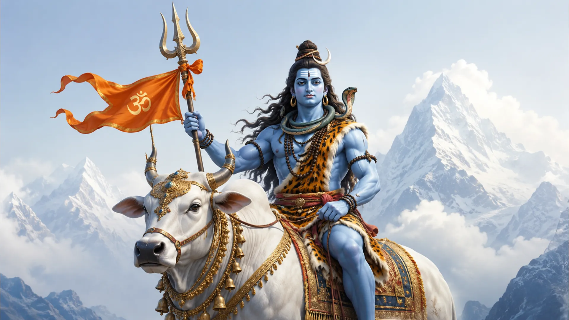 Illustration of Lord Shiva seated on a decorated white bull, holding a trident with an orange flag and mountain scenery behind.