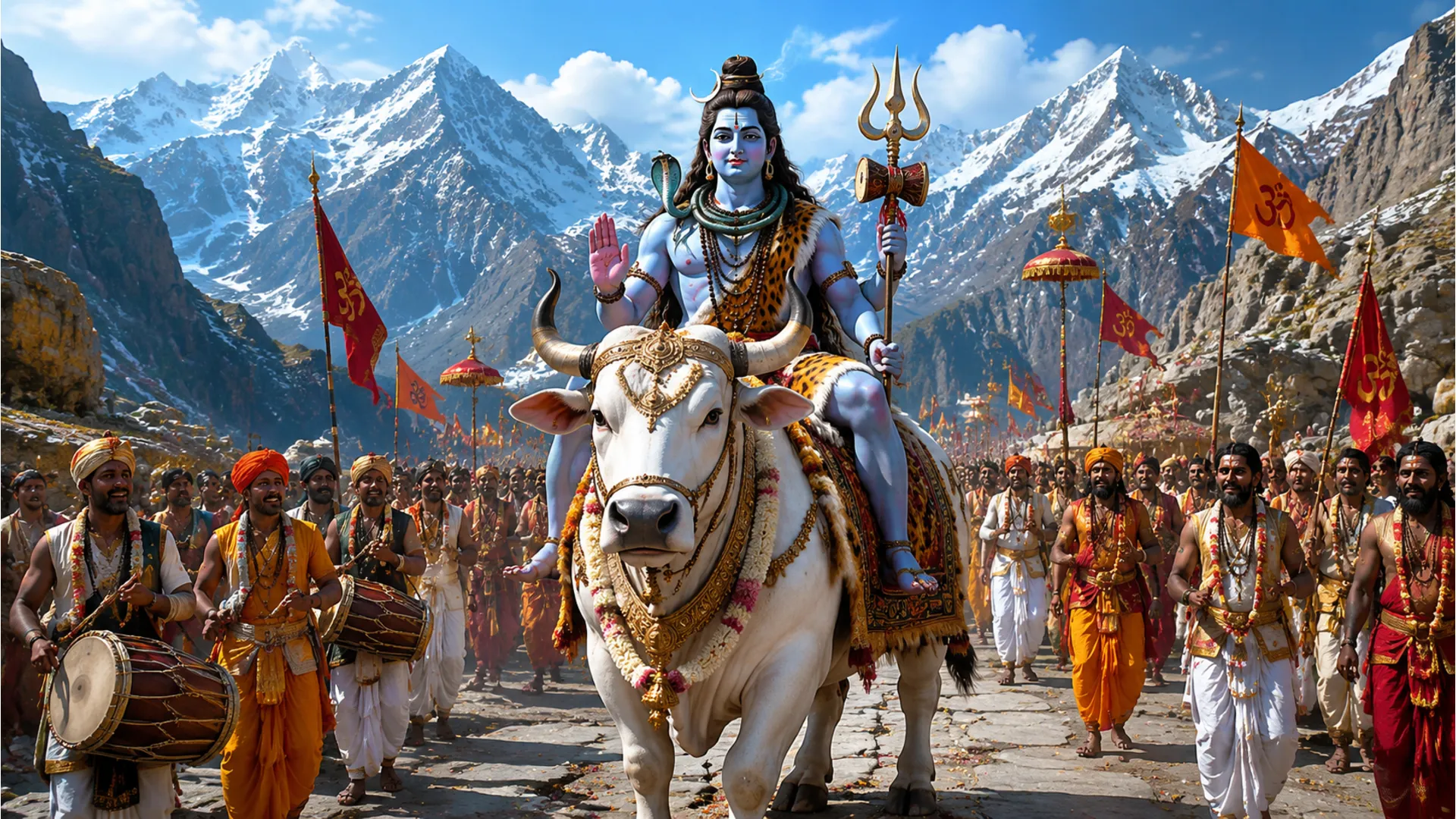 Lord Shiva rides a decorated white bull through a mountain path, surrounded by devotees and musicians.