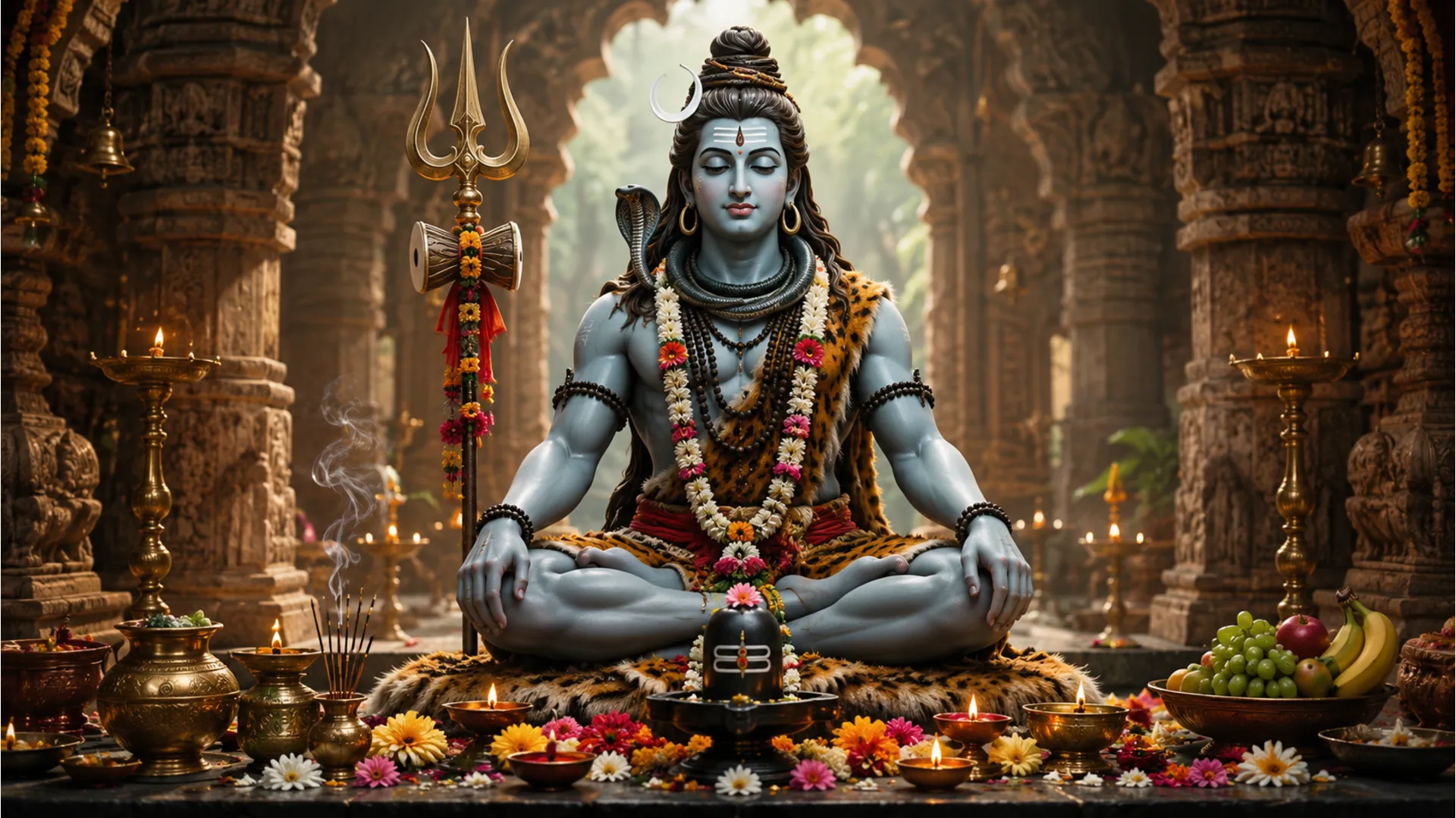 Lord Shiva seated in a temple setting with garlands, trident, flowers, oil lamps, incense, and fruit offerings.