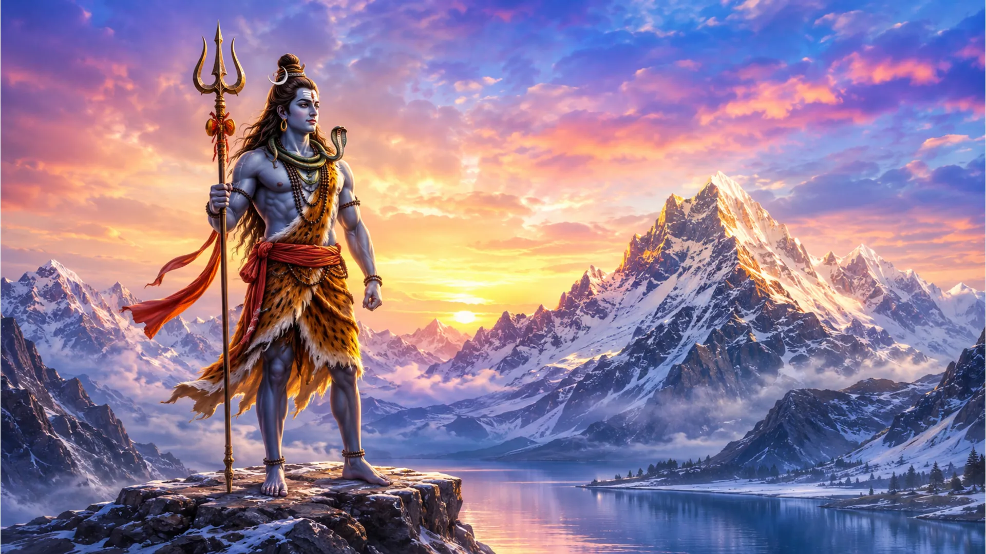 Lord Shiva standing on a mountain cliff with a trident, snowy peaks, colorful sky, and a peaceful Himalayan landscape.