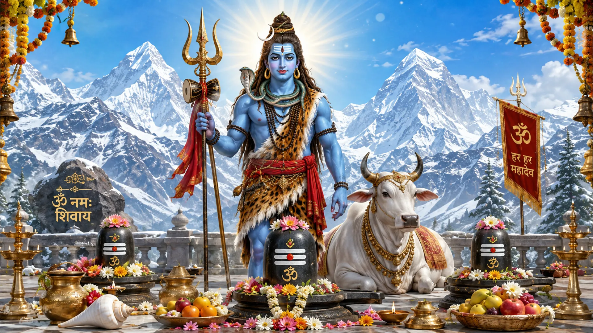 Lord Shiva stands in front of snowy mountains with a trident, snake, offerings, Nandi, and devotional objects around him.