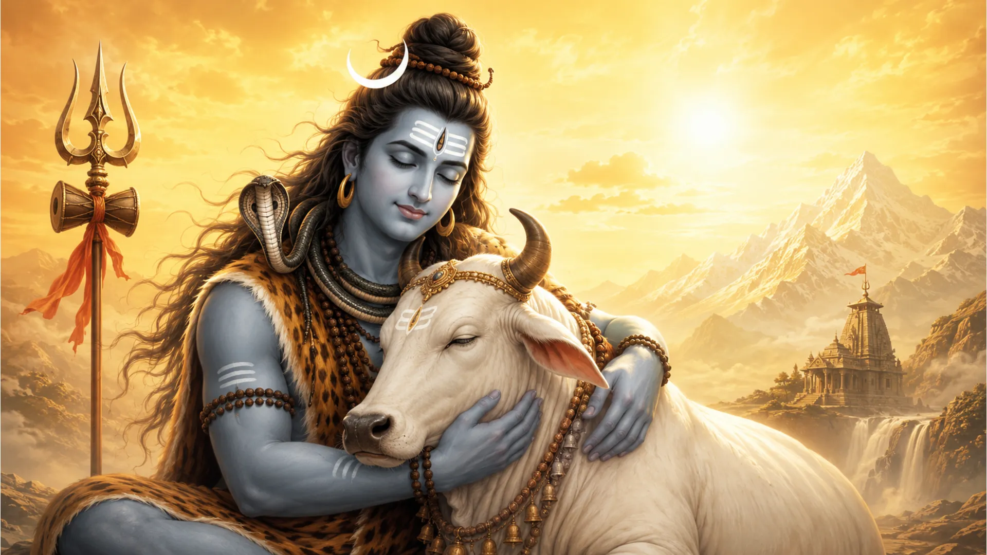 Lord Shiva sits peacefully beside a white bull, with a glowing sun-like halo behind him.