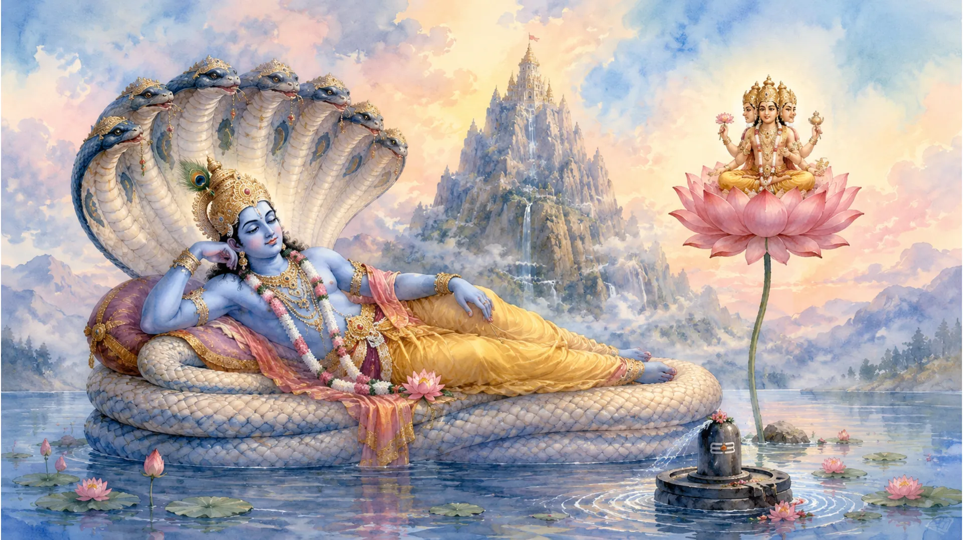 Watercolor illustration of Lord Vishnu reclining on a divine serpent with a lotus rising beside him.