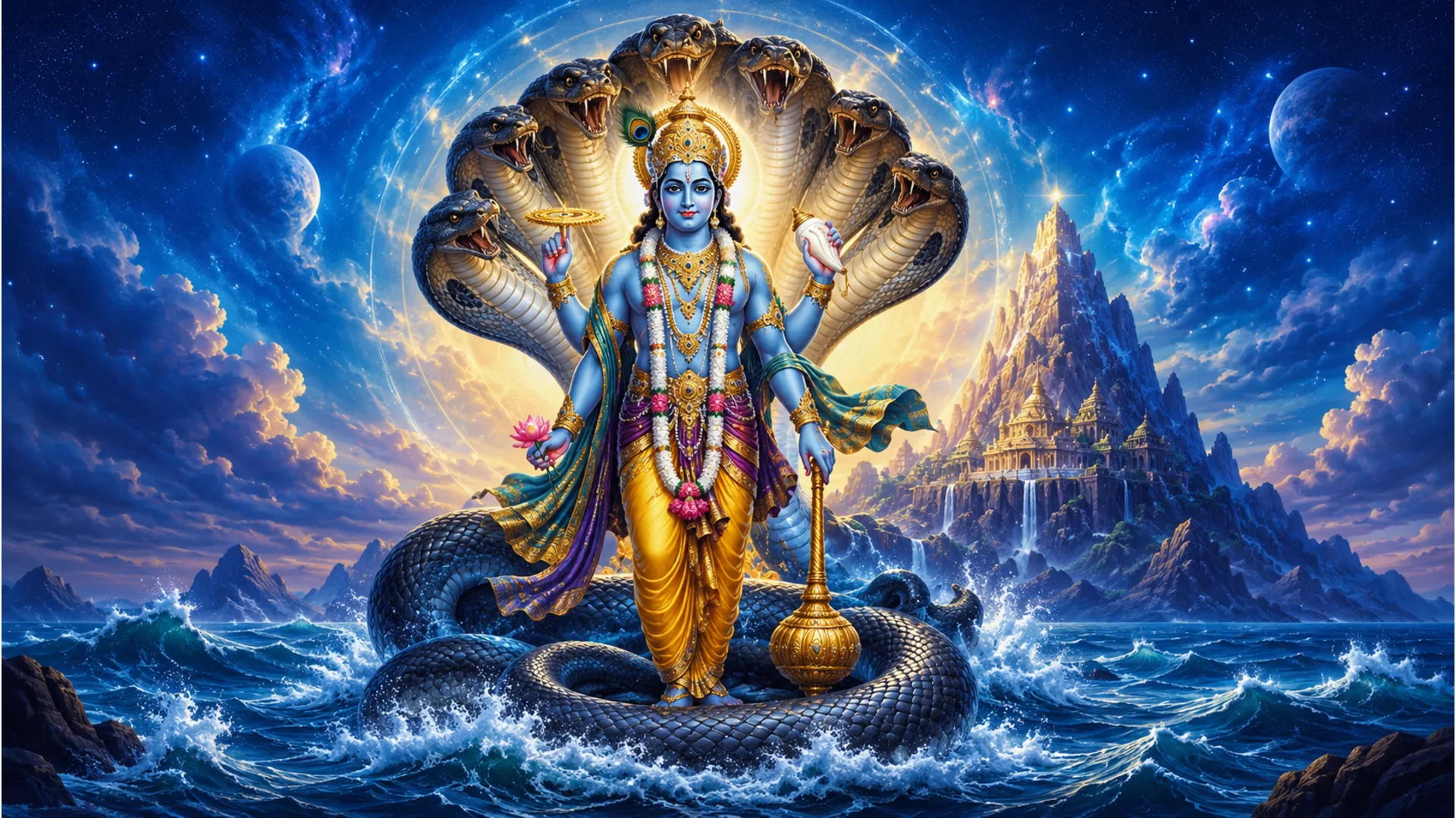 Devotional image of Lord Vishnu standing above ocean waves with a multi-headed serpent behind him.