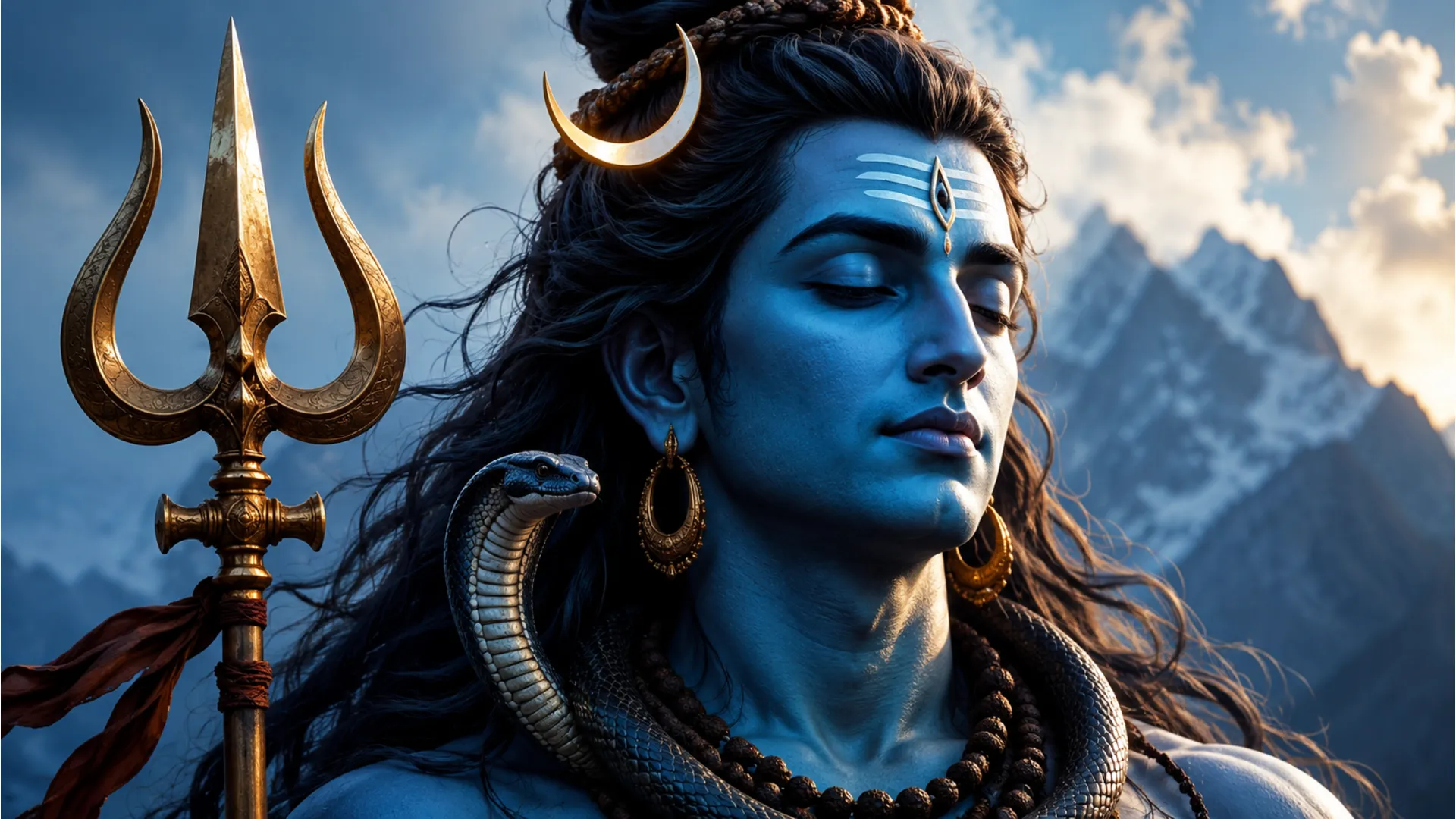 Blue-skinned Lord Shiva with long dark hair, a crescent moon, snake, rudraksha beads, and a trident.