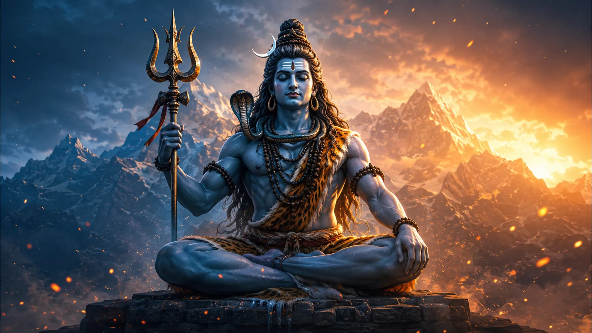 Lord Shiva sits cross-legged on a stone platform, holding a trident, with glowing sparks and blue-orange lighting around him.