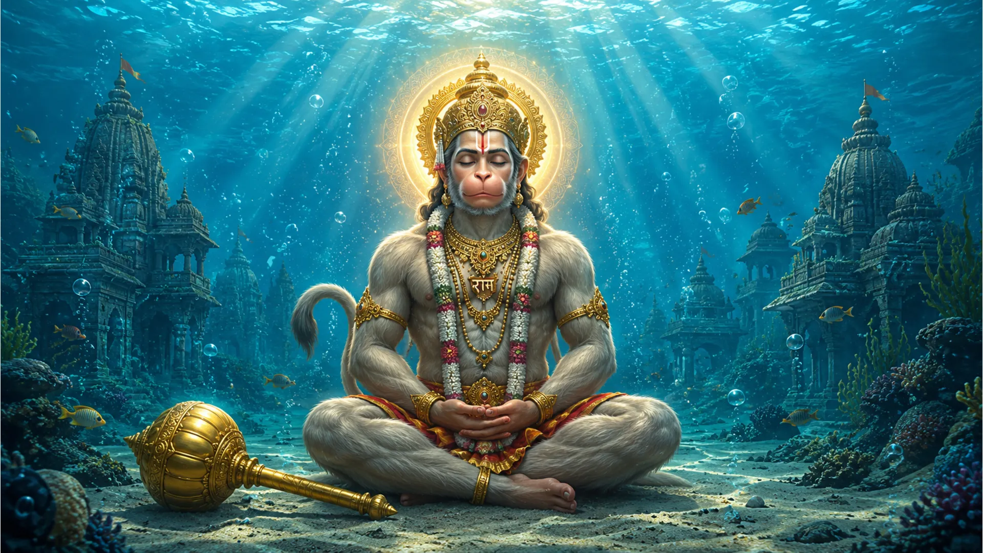 Lord Hanuman meditates underwater with a glowing aura and a golden mace resting on the ocean floor.