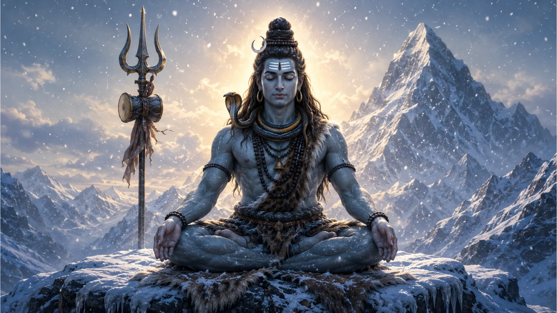 Lord Shiva meditating on a snowy mountain peak during snowfall, with a trident beside him and a glowing aura behind his body.