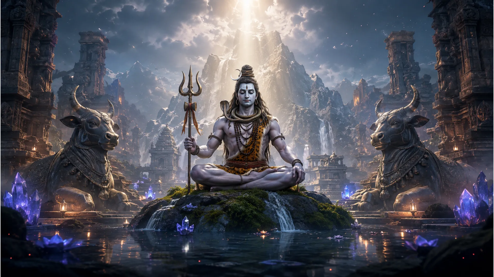 Meditating Shiva figure seated on a rock inside an ancient temple with stone bulls, crystals, and glowing light.