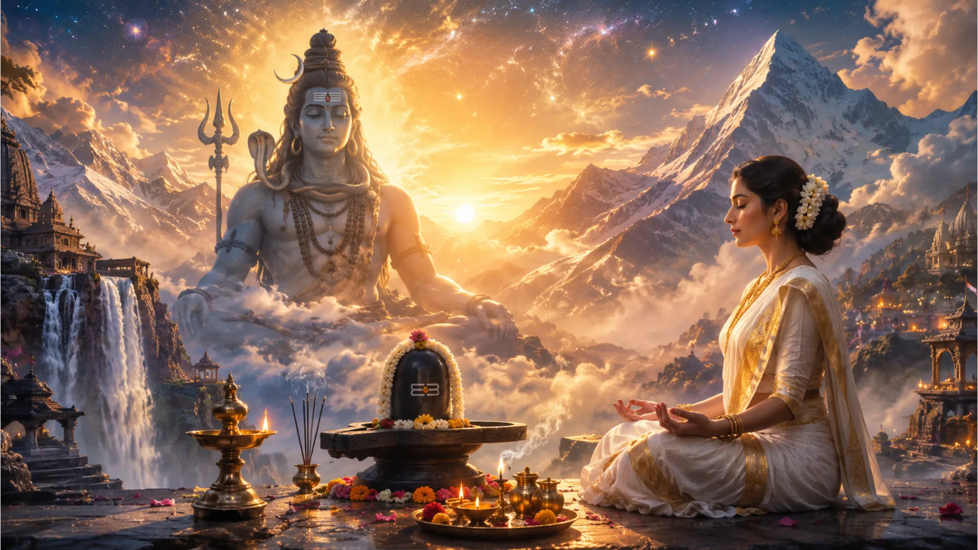 A woman meditates near a Shiva lingam in the mountains while a large divine image of Lord Shiva appears behind her.