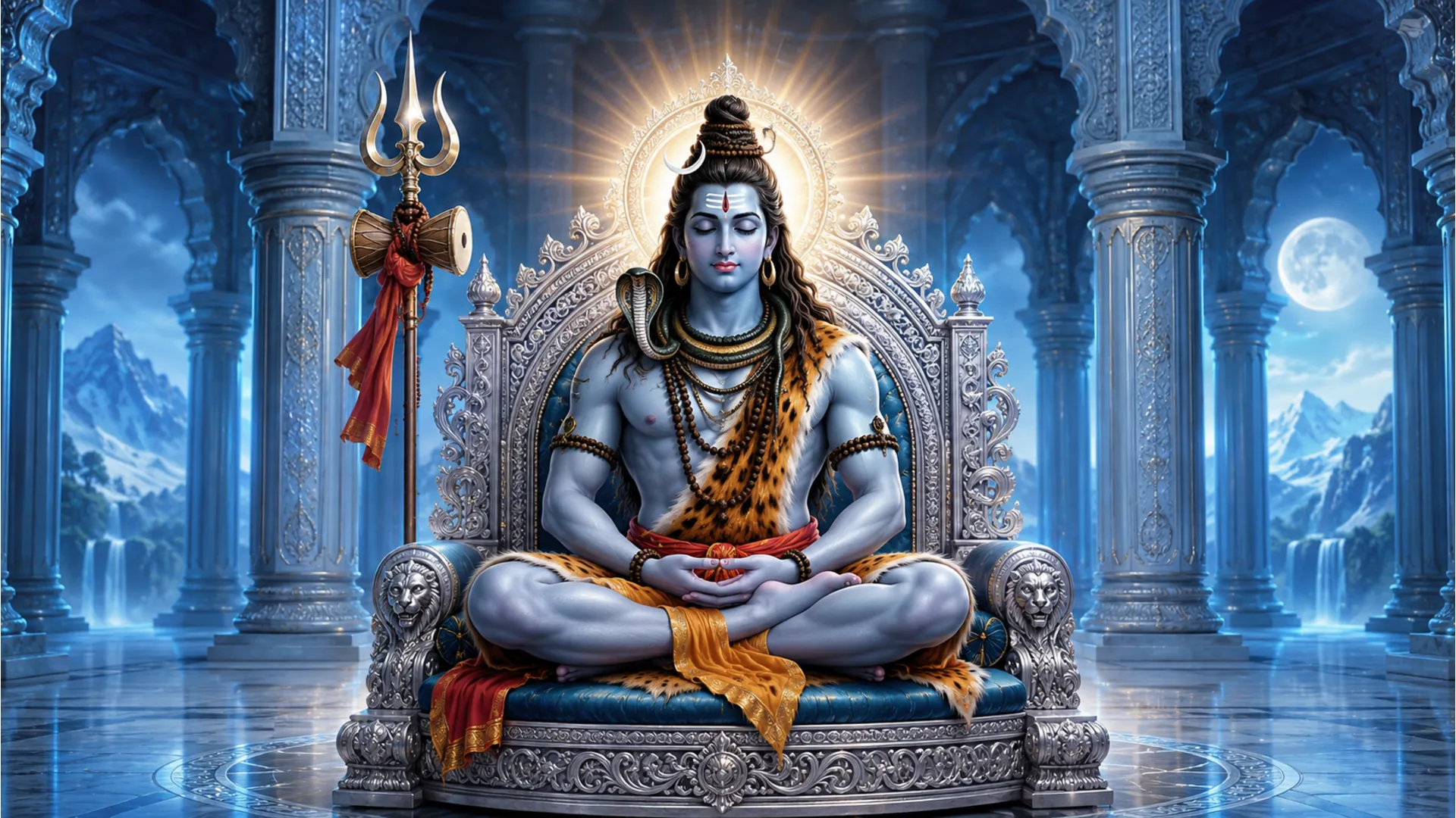 Lord Shiva sitting peacefully on an ornate silver throne with a trident beside him.