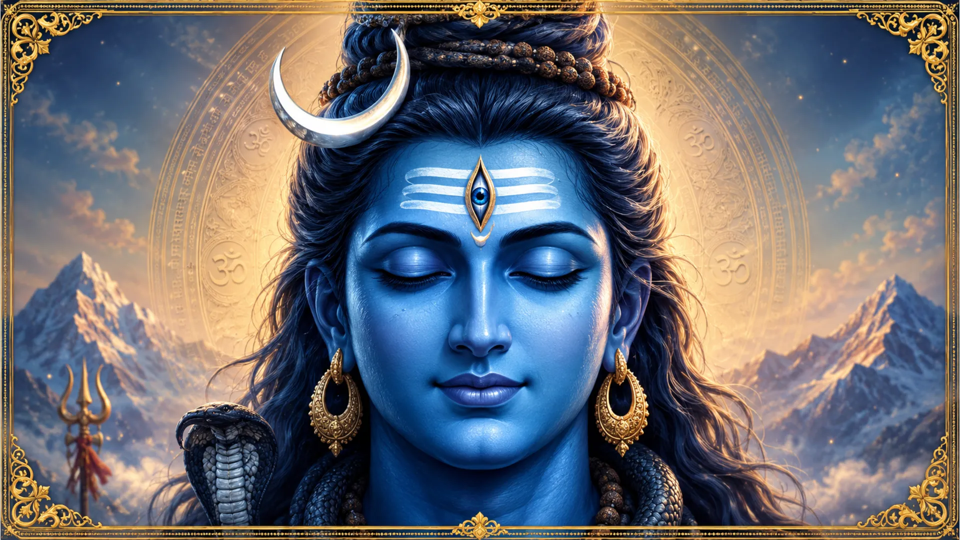 A close-up portrait of Lord Shiva with closed eyes, blue skin, crescent moon, forehead markings, earrings, and decorative border.