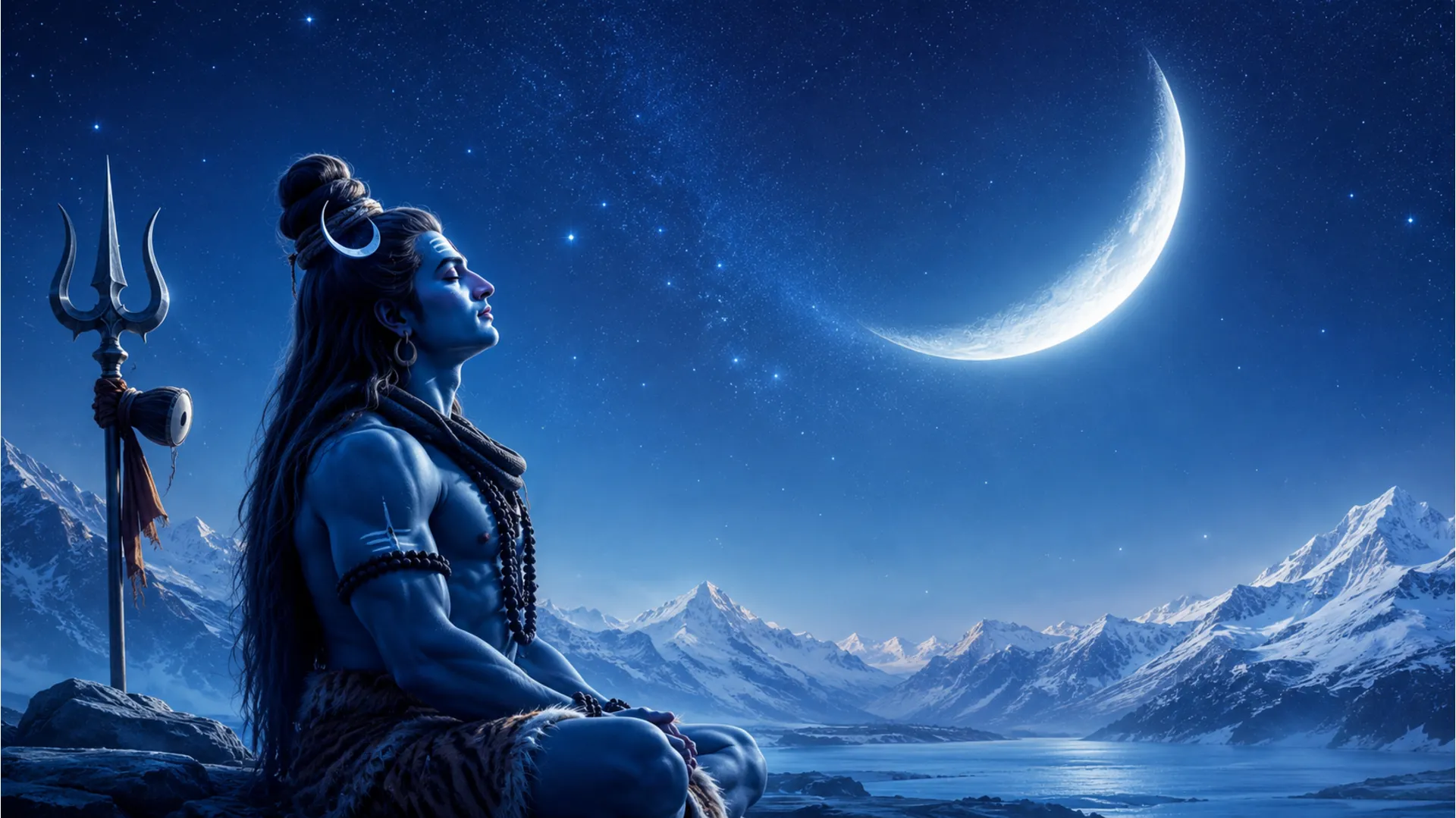 : Artistic side profile of Lord Shiva looking upward beneath a bright crescent moon in a blue night sky.