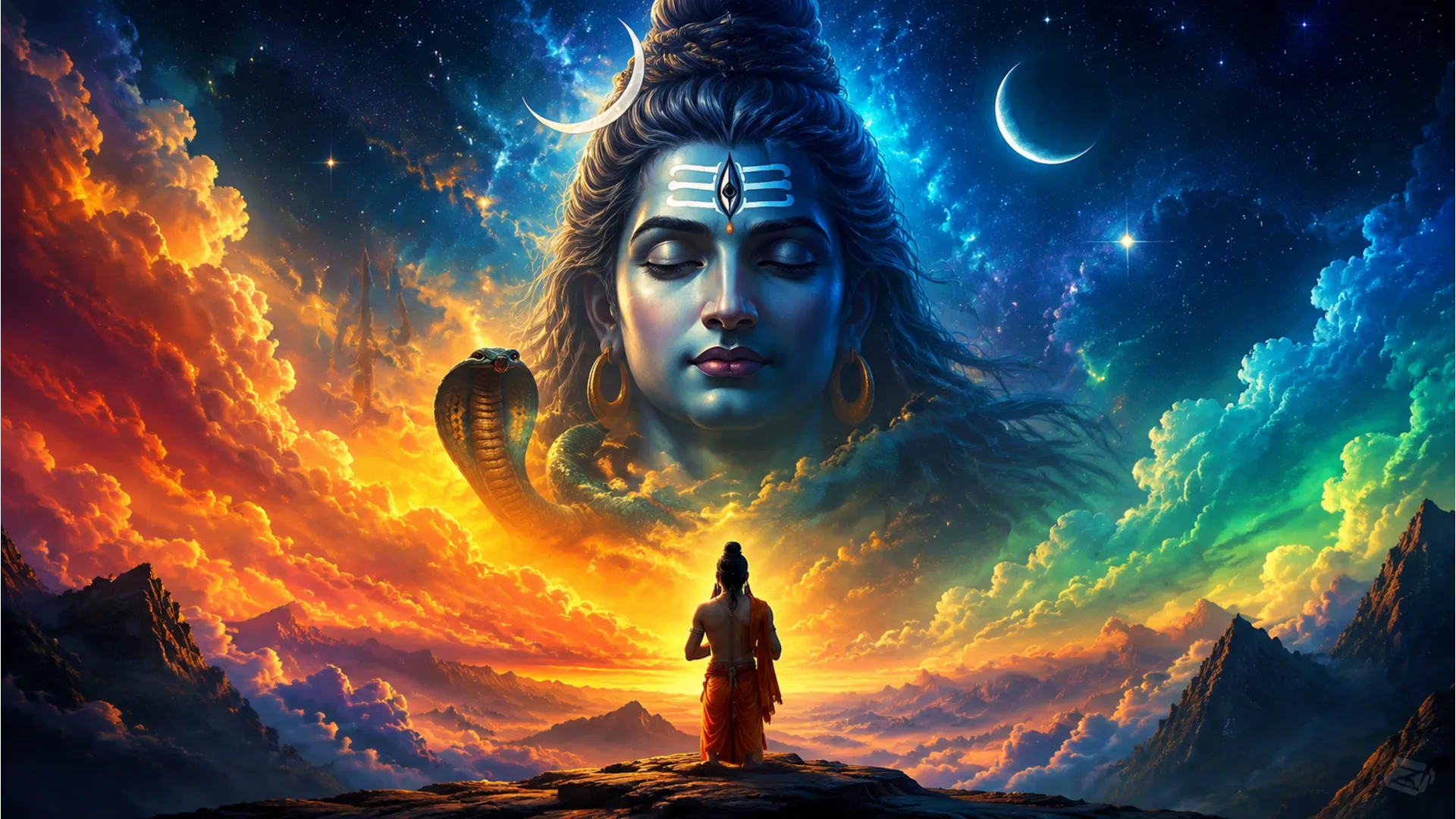 A giant peaceful face of Lord Shiva appears above glowing clouds while a small devotee stands below.