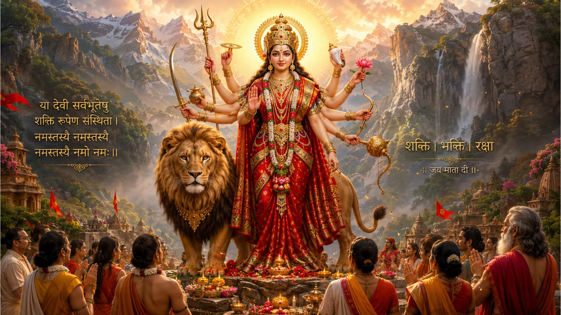 A multi-armed Hindu goddess holding weapons stands with a lion in a mountain landscape while devotees gather below in prayer.