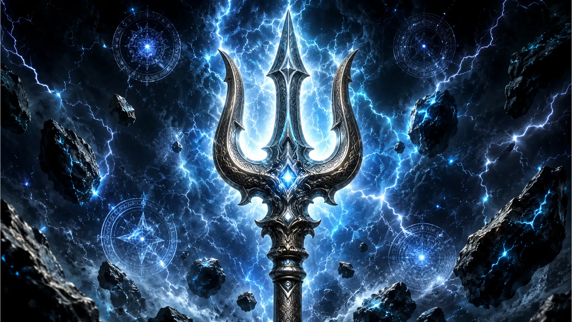 A glowing trident surrounded by lightning, floating rocks, and mystical circular symbols in space.