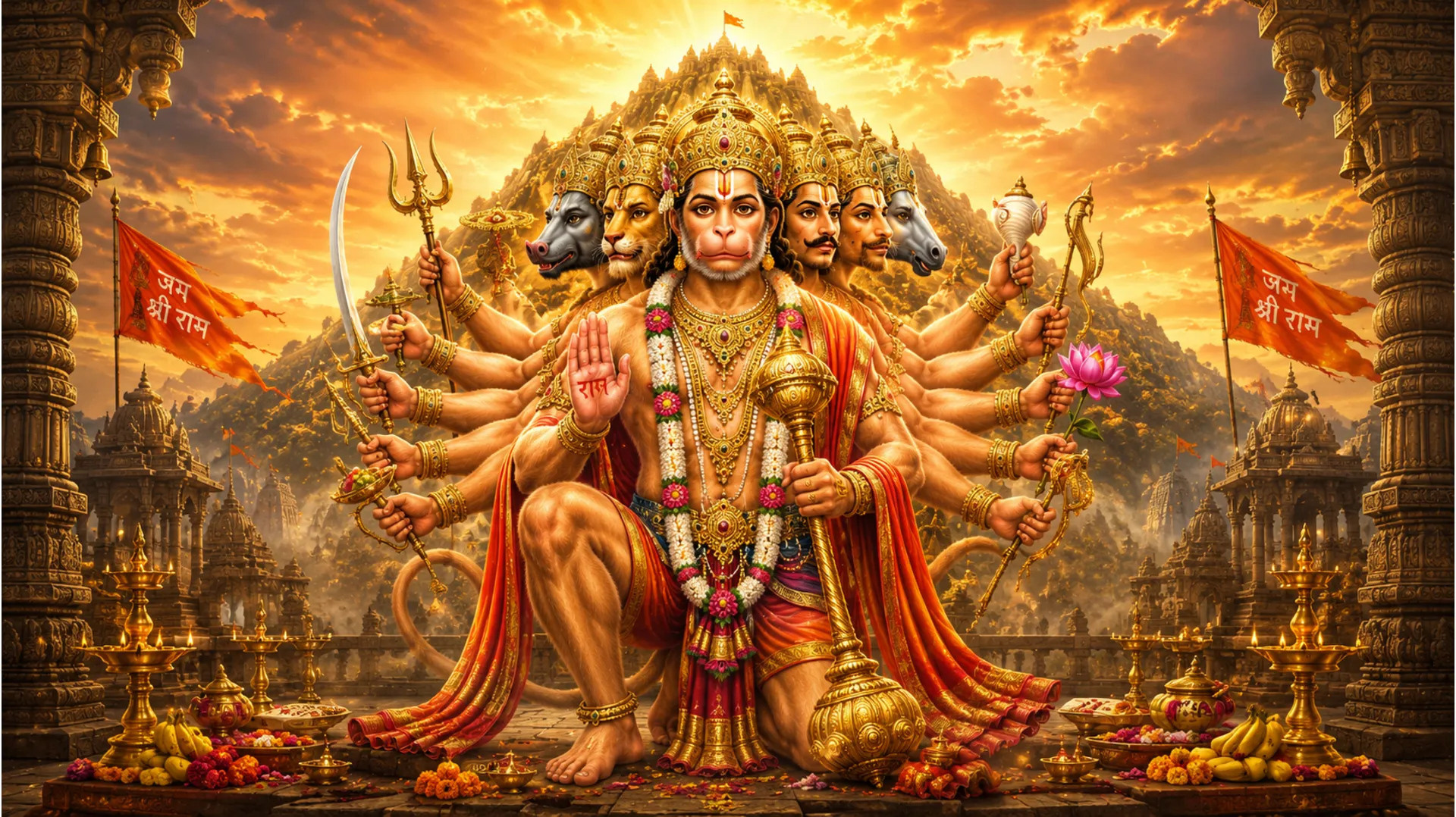 Detailed devotional artwork of multi-faced Hanuman holding weapons with temple, offerings, and divine symbols around him.