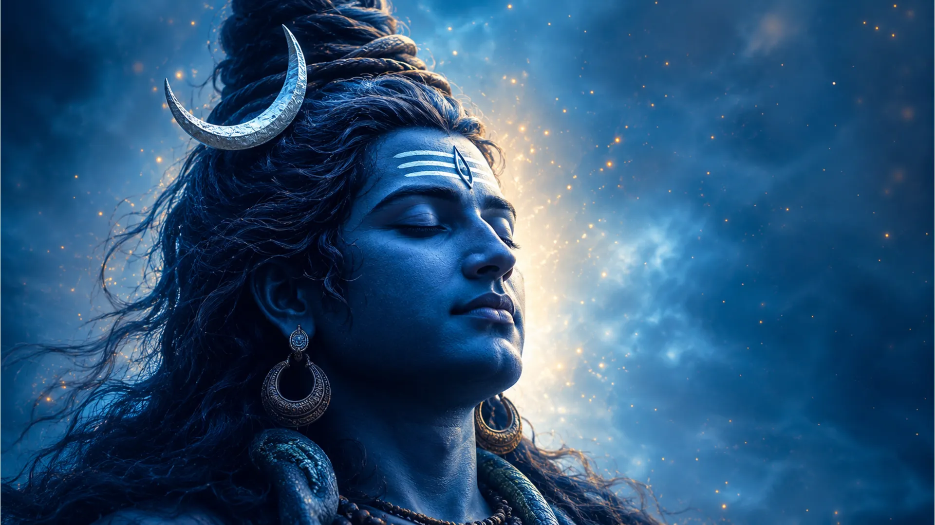 A soft artistic portrait of Lord Shiva with closed eyes, crescent moon, sacred markings, earrings, and a glowing mystical background.