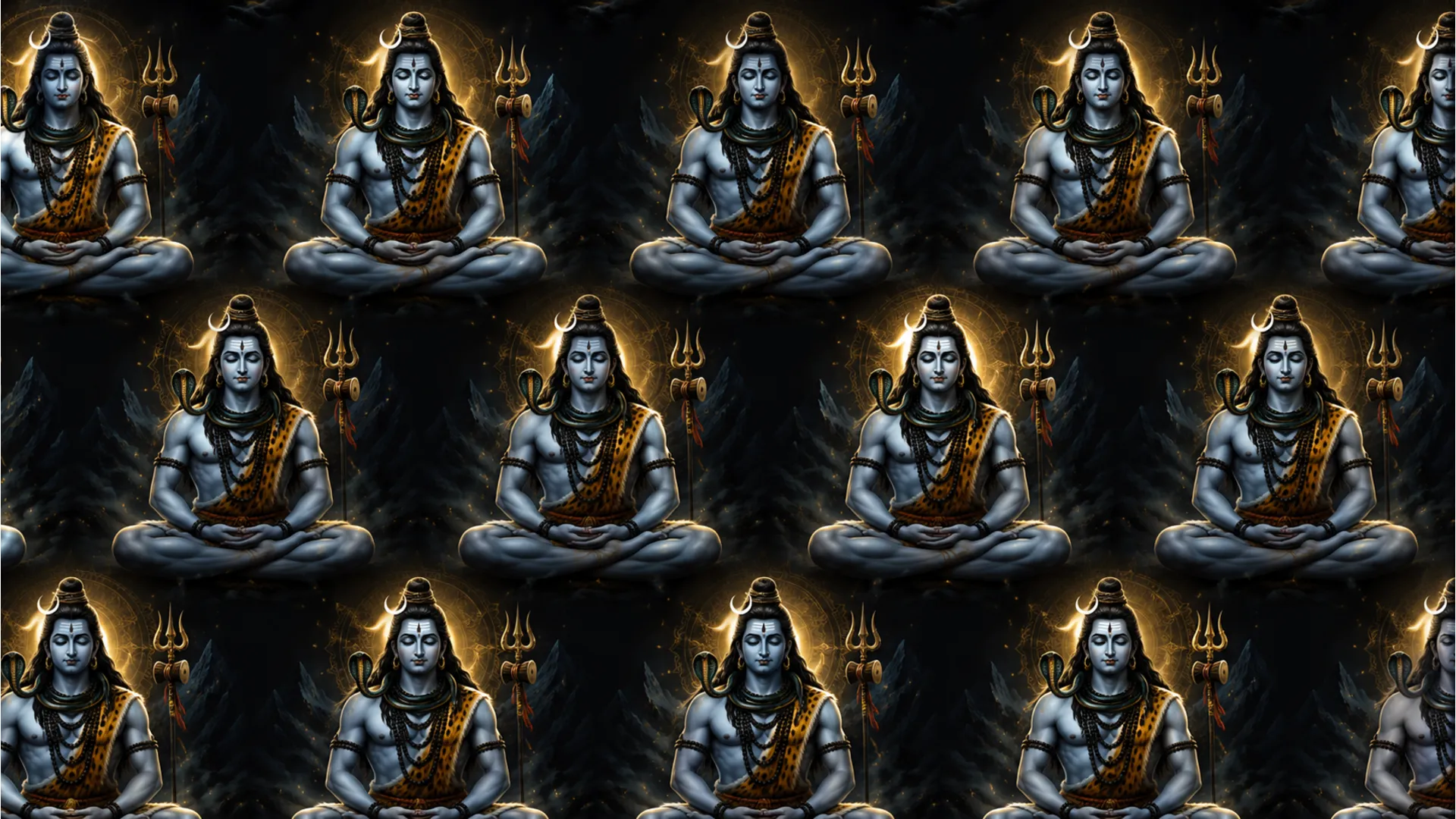 A repeating devotional pattern of Lord Shiva seated in a meditative pose with raised hand and traditional ornaments.