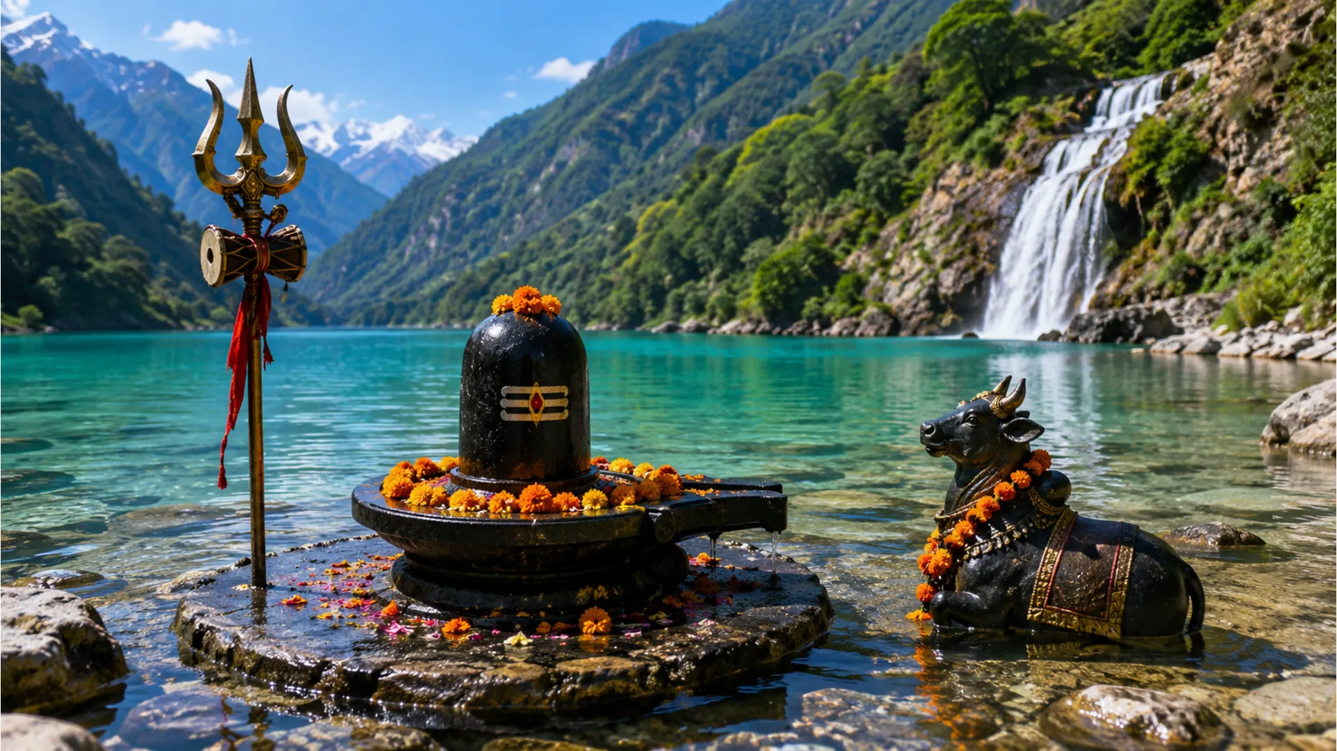 Shiva lingam decorated with flowers beside a Nandi statue, trident, turquoise lake, forested mountains, and waterfall.