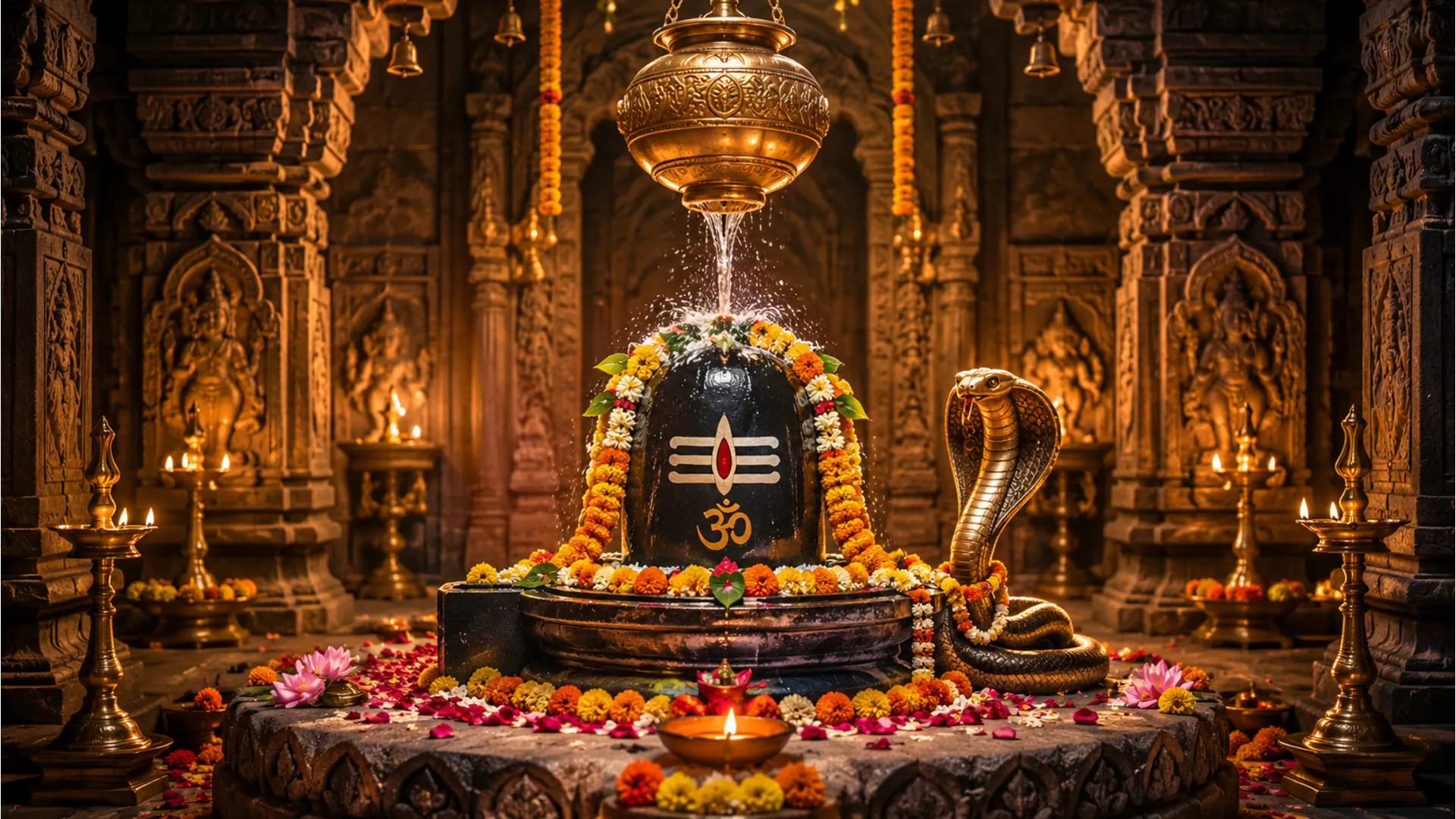 A decorated Shiva Lingam surrounded by flowers and ritual offerings inside a temple.