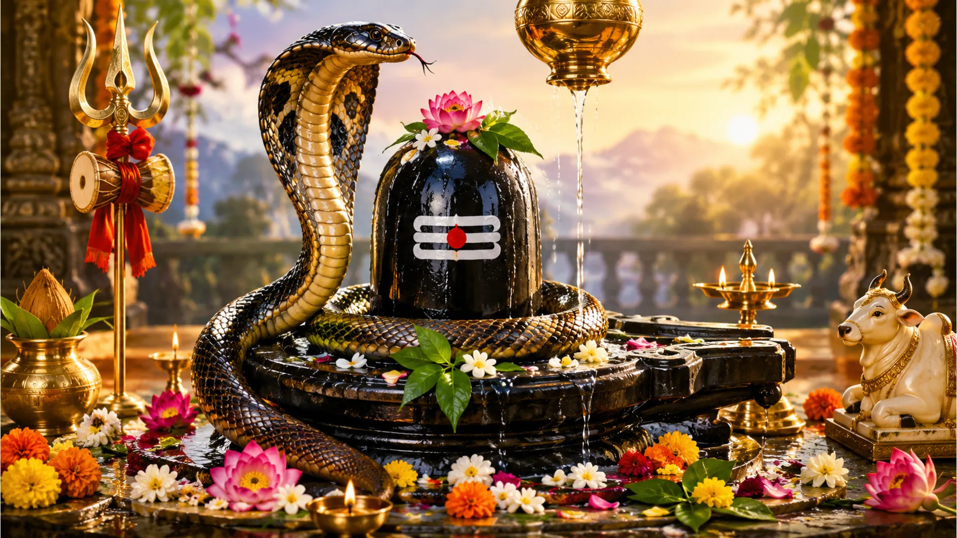 A Shiva lingam is surrounded by a cobra, ritual objects, flowers, and a bright devotional background.