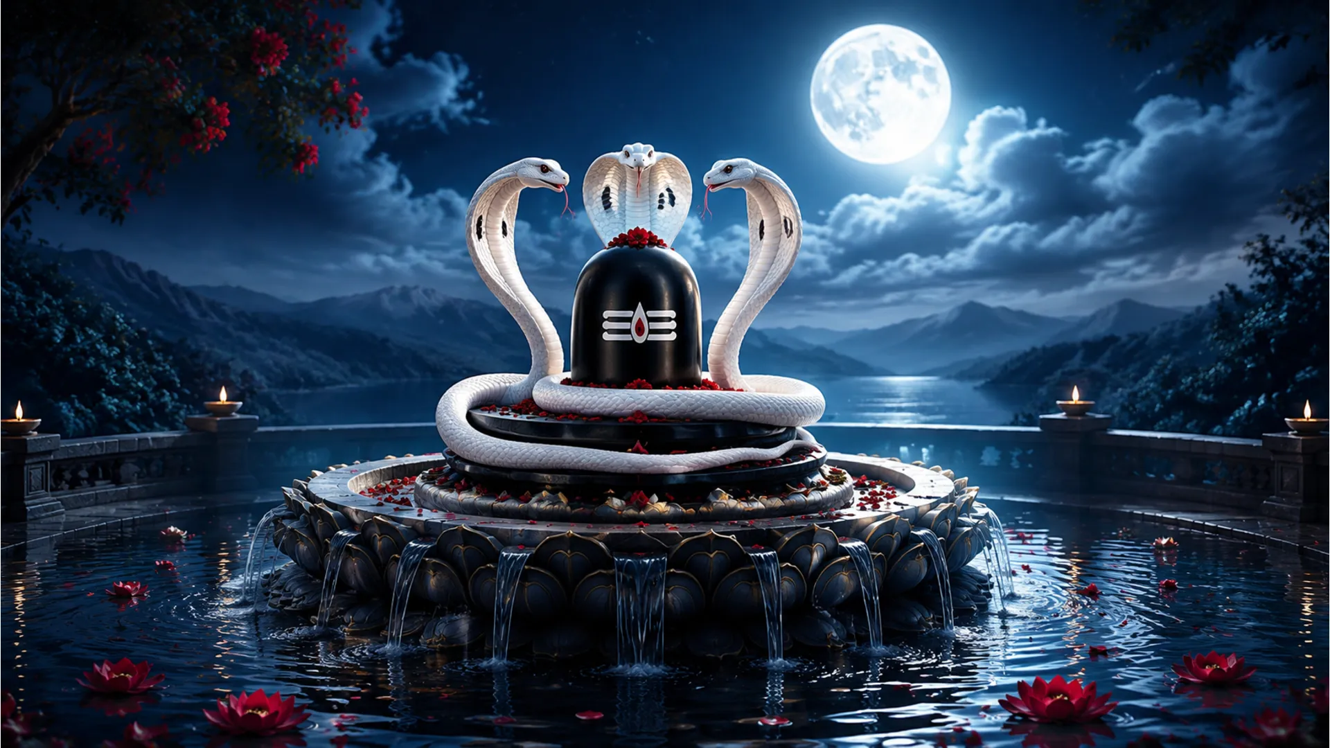 A glowing Shiva lingam is surrounded by white serpents under moonlight, with water flowing around it.