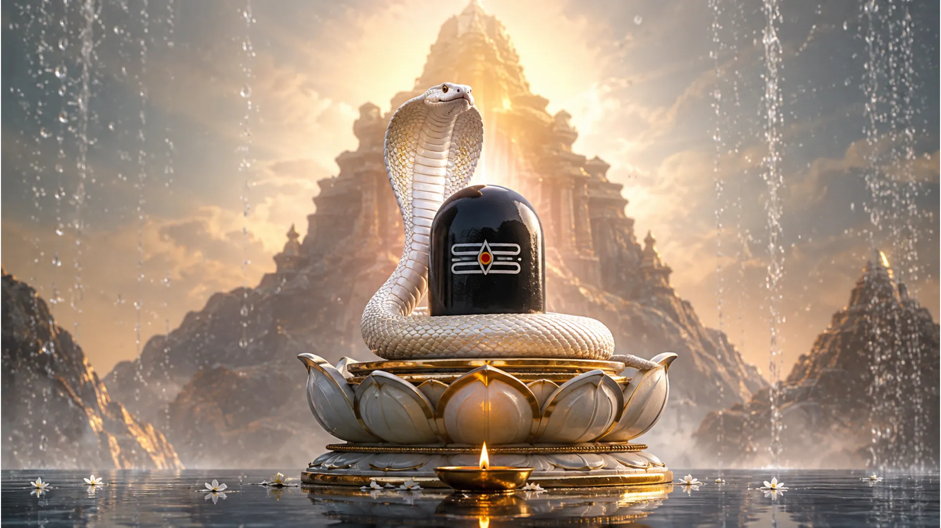 White cobra wrapped around a Shiva lingam with glowing light, water drops, lotus base, and a small flame.