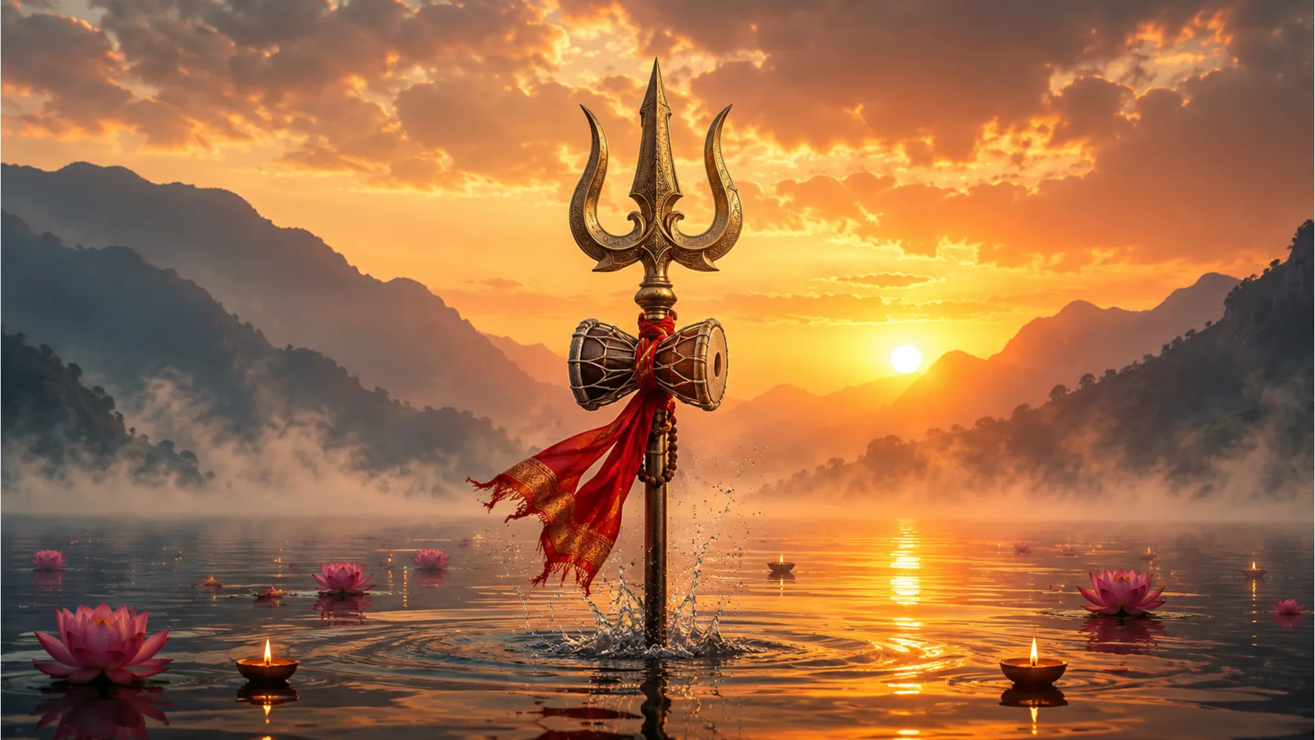 A decorated trident standing in water at sunset, surrounded by floating flowers, lamps, mist, and distant mountains.