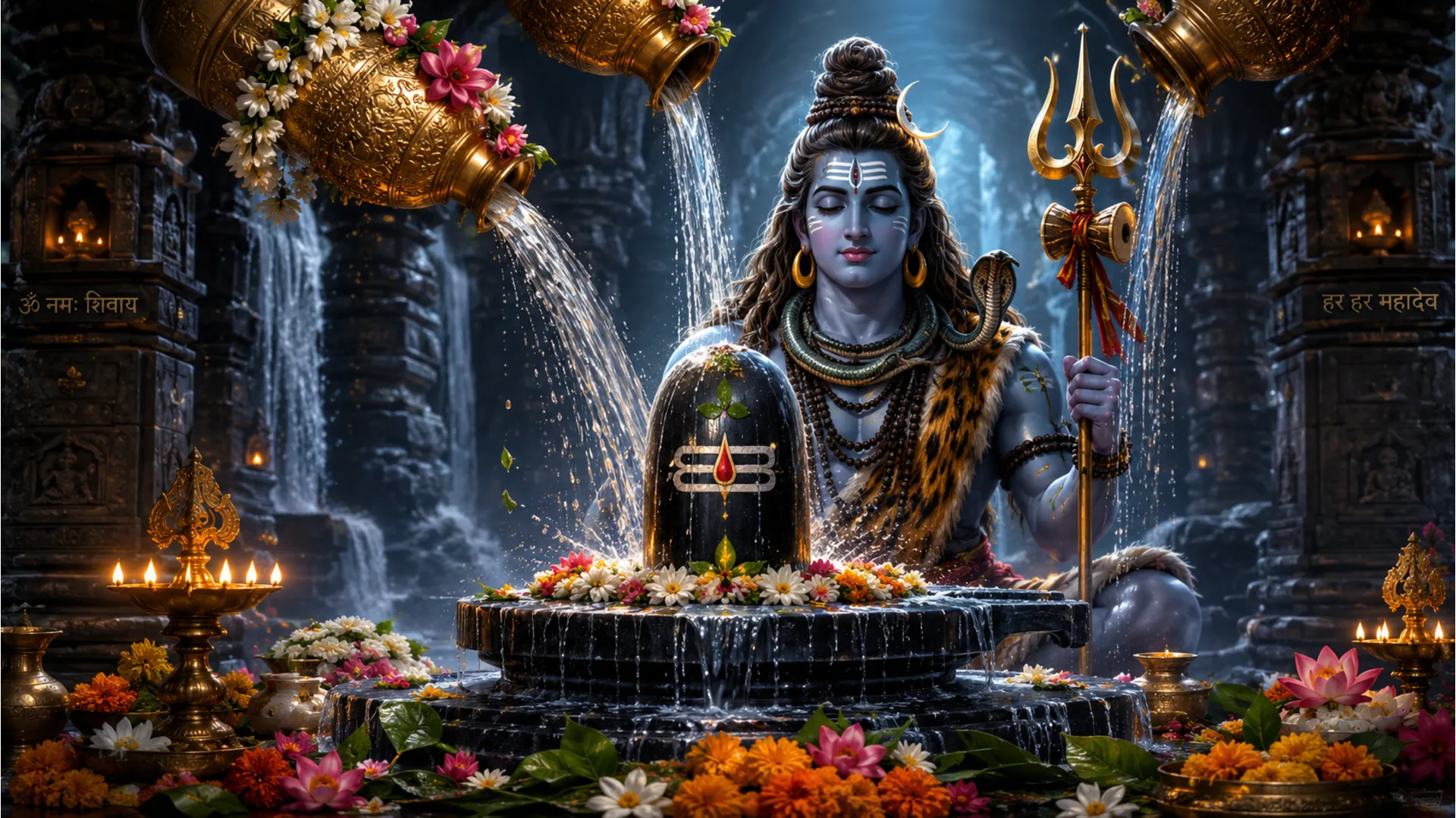 Water is poured over Lord Shiva and a Shiva lingam in a devotional ritual scene filled with flowers and lamps.